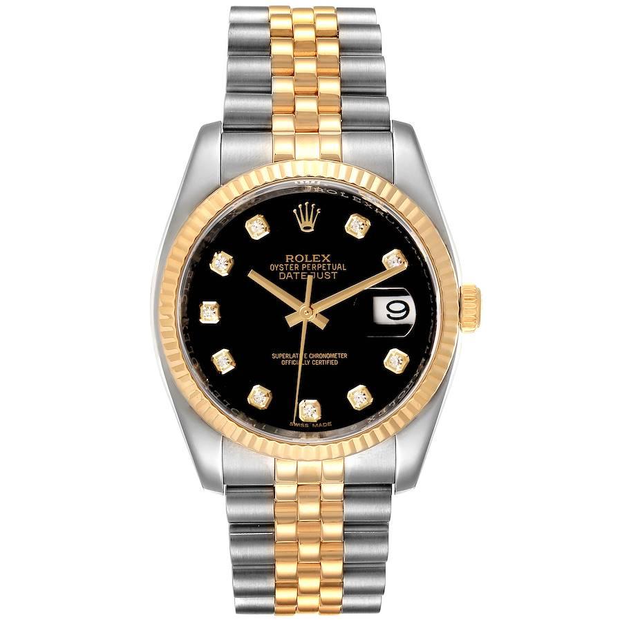 Rolex Datejust 18k Steel Yellow Gold Black Diamond Mens Watch 116233. Officially certified chronometer automatic self-winding movement. Stainless steel case 36.0 mm in diameter. Rolex logo on a crown. 18k yellow gold fluted bezel. Scratch resistant