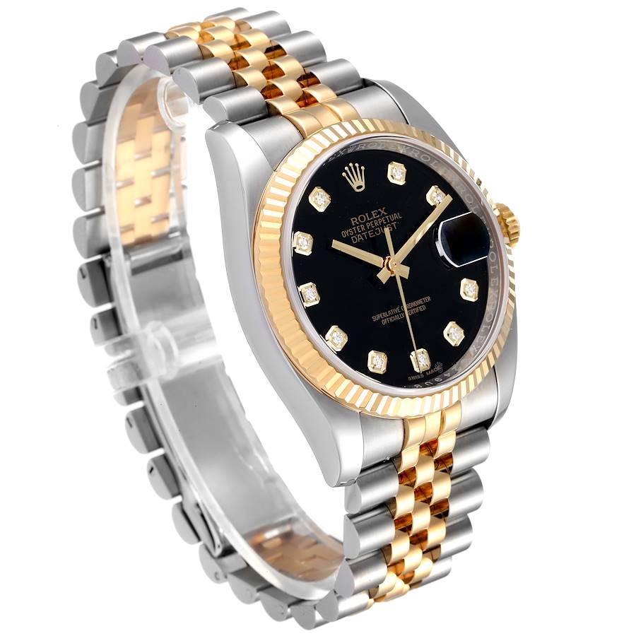 Rolex Datejust 18k Steel Yellow Gold Black Diamond Mens Watch 116233 In Excellent Condition In Atlanta, GA