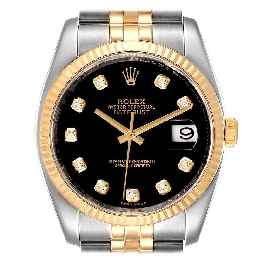 Rolex Datejust 18k Steel Yellow Gold Black Diamond Mens Watch 116233