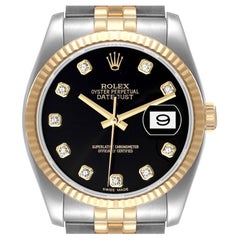 Rolex Datejust 18k Steel Yellow Gold Black Diamond Mens Watch 116233