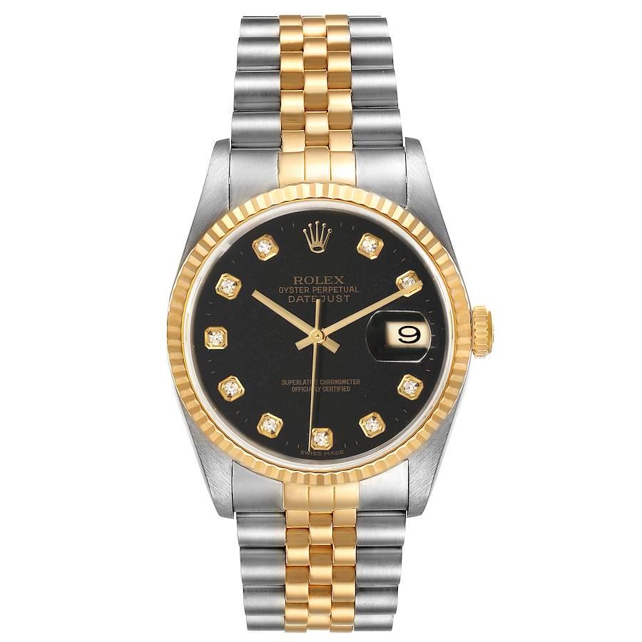 Rolex Datejust 18k Steel Yellow Gold Black Diamond Mens Watch 16233. Officially certified chronometer automatic self-winding movement. Stainless steel case 36.0 mm in diameter. Rolex logo on a crown. 18k yellow gold fluted bezel. Scratch resistant
