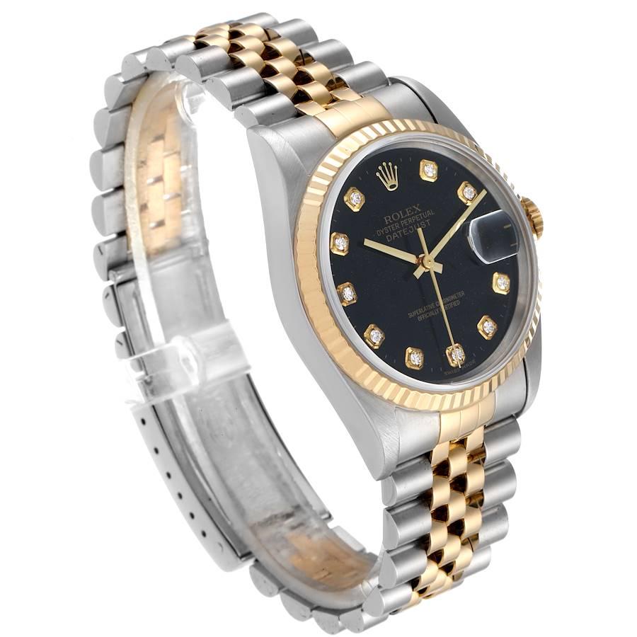 Rolex Datejust 18k Steel Yellow Gold Black Diamond Mens Watch 16233 In Excellent Condition In Atlanta, GA