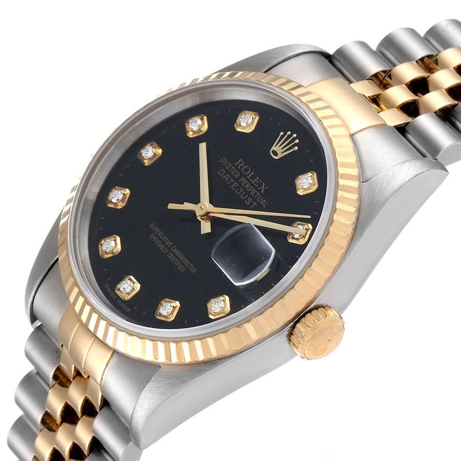 Rolex Datejust 18k Steel Yellow Gold Black Diamond Mens Watch 16233 1