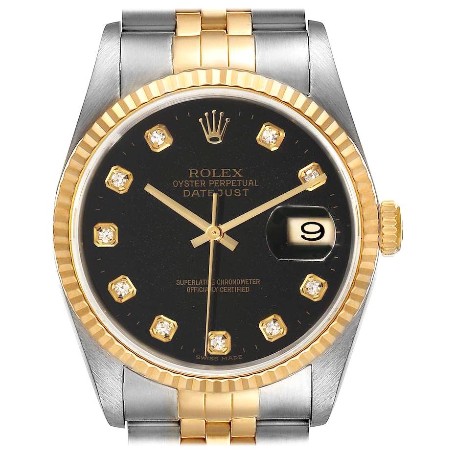 Rolex Datejust 18k Steel Yellow Gold Black Diamond Mens Watch 16233