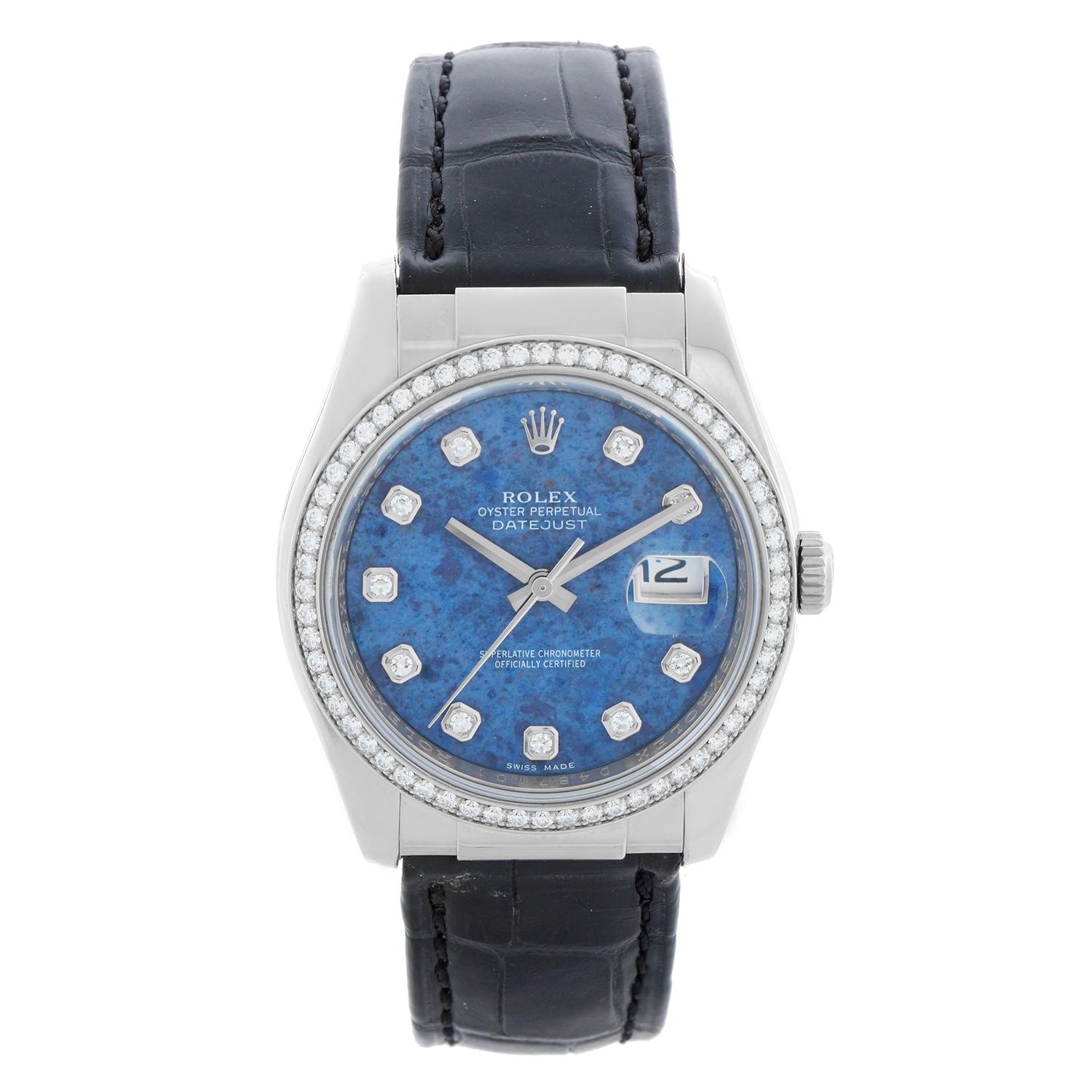 Rolex Datejust 18k Weißgold Herrenuhr mit Lederarmband 116189 - Automatikaufzug, 31 Steine, Quickset, Saphirglas. Datejust. Gehäuse aus 18 Karat Weißgold mit Diamantlünette (36 mm Durchmesser). Fabrik Sodalit-Zifferblatt mit Diamantindexen.