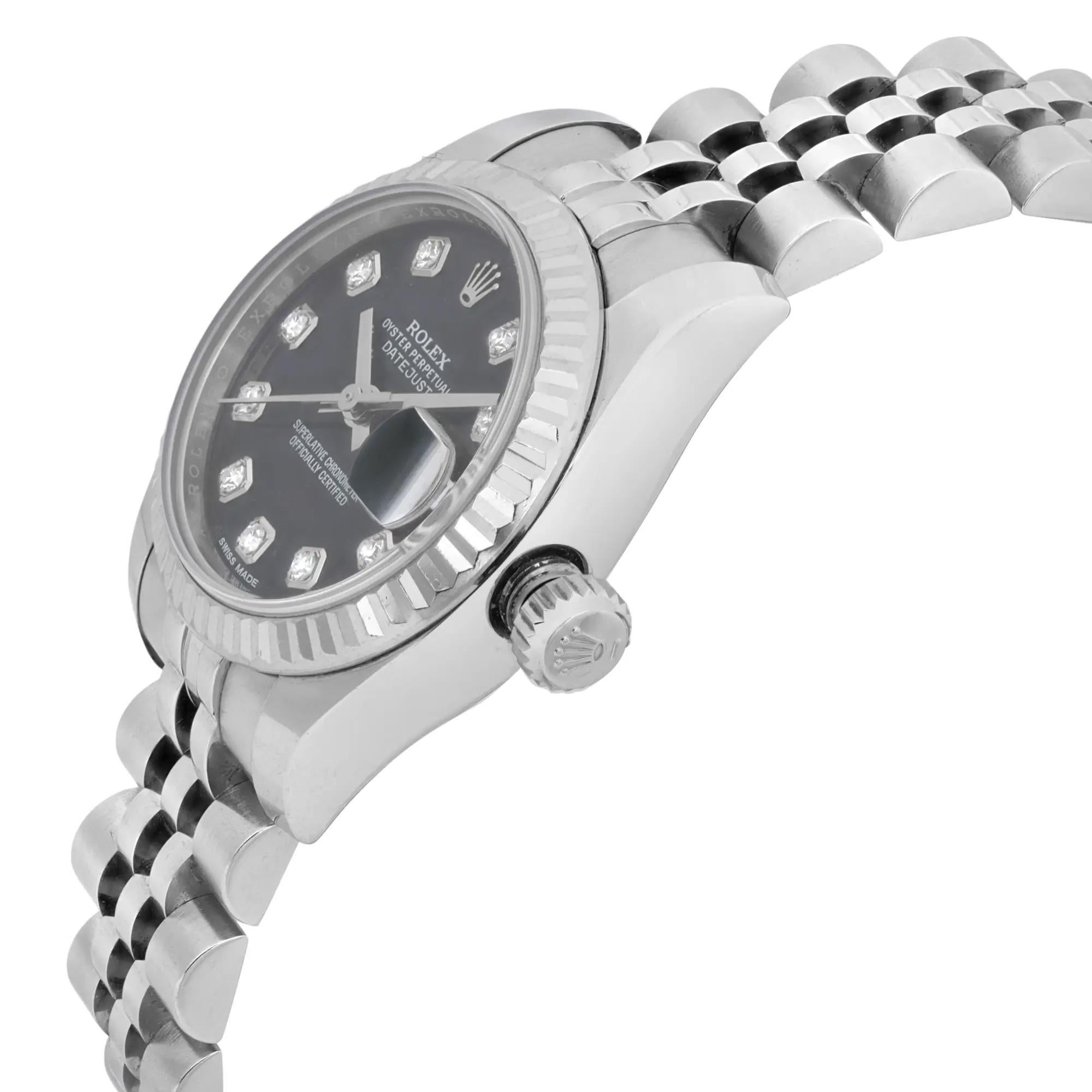 Rolex Datejust 18K Weißgold Stahl schwarz Diamant Zifferblatt Damenuhr 179174 im Zustand „Hervorragend“ im Angebot in New York, NY