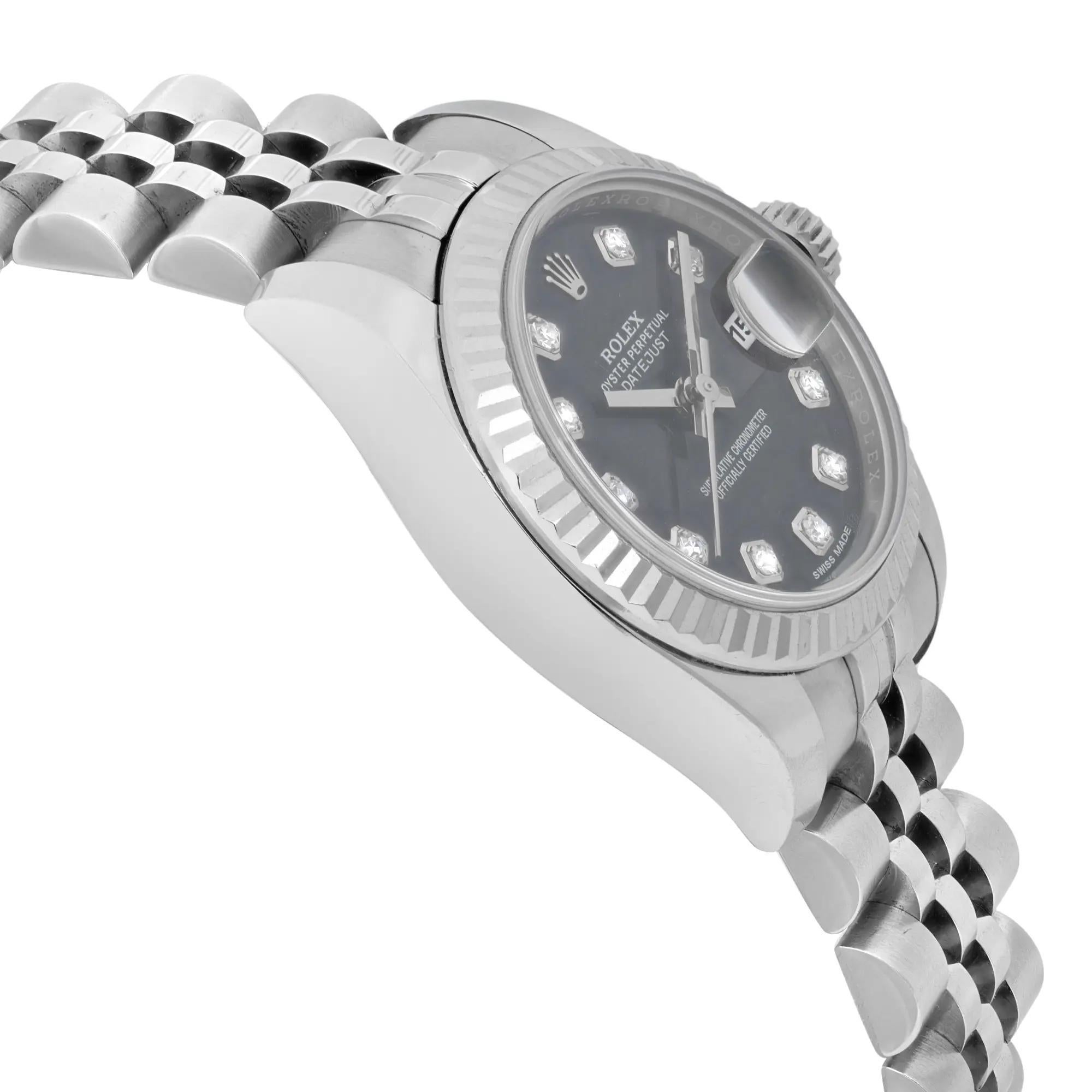 Rolex Datejust 18K Weißgold Stahl schwarz Diamant Zifferblatt Damenuhr 179174 im Angebot 1