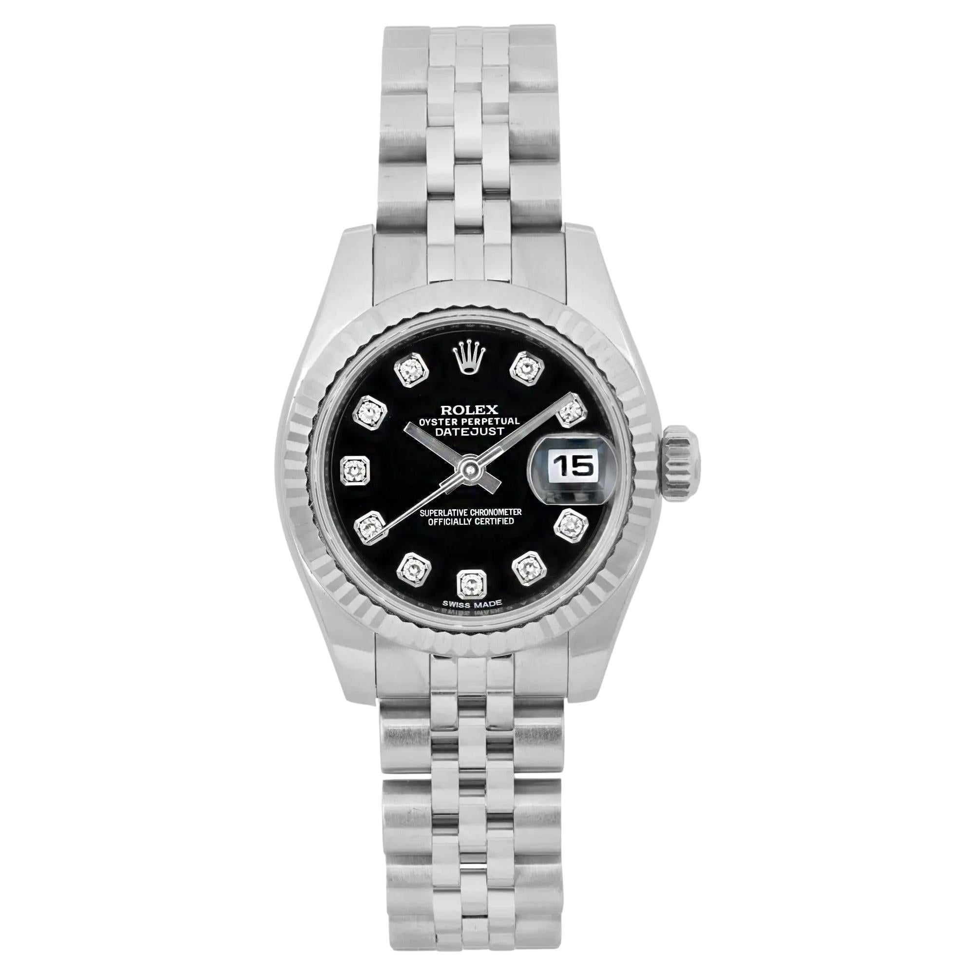 Rolex Datejust 18K White Gold Steel Black Diamond Dial Ladies Watch 179174