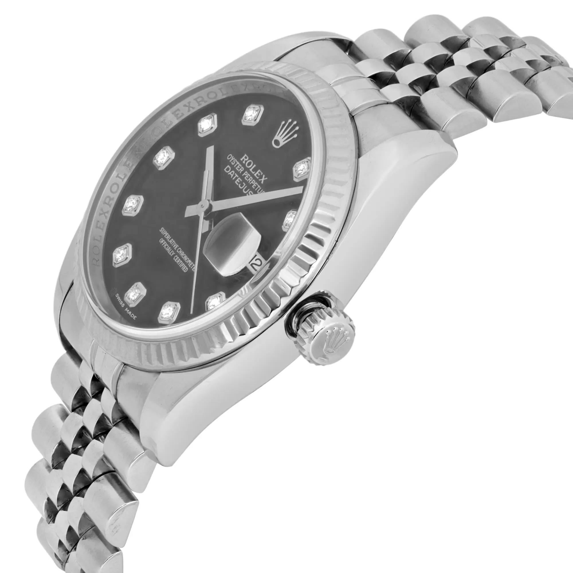 Rolex Datejust 18K White Gold Steel Black Diamond Dial Watch 116234 In Excellent Condition For Sale In New York, NY
