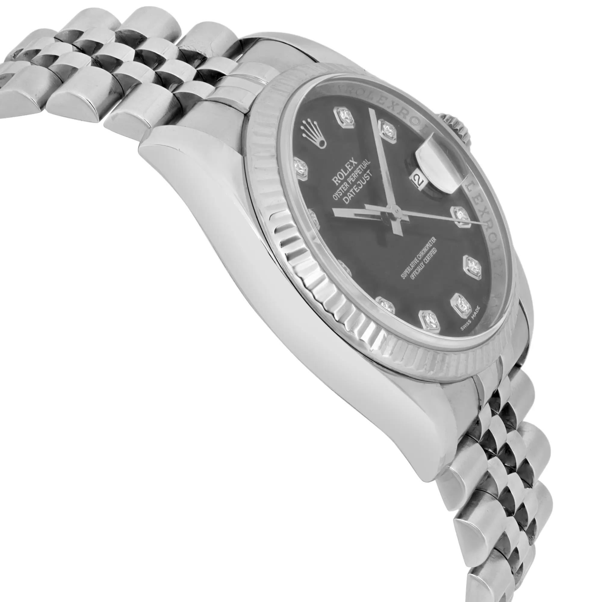 Men's Rolex Datejust 18K White Gold Steel Black Diamond Dial Watch 116234 For Sale