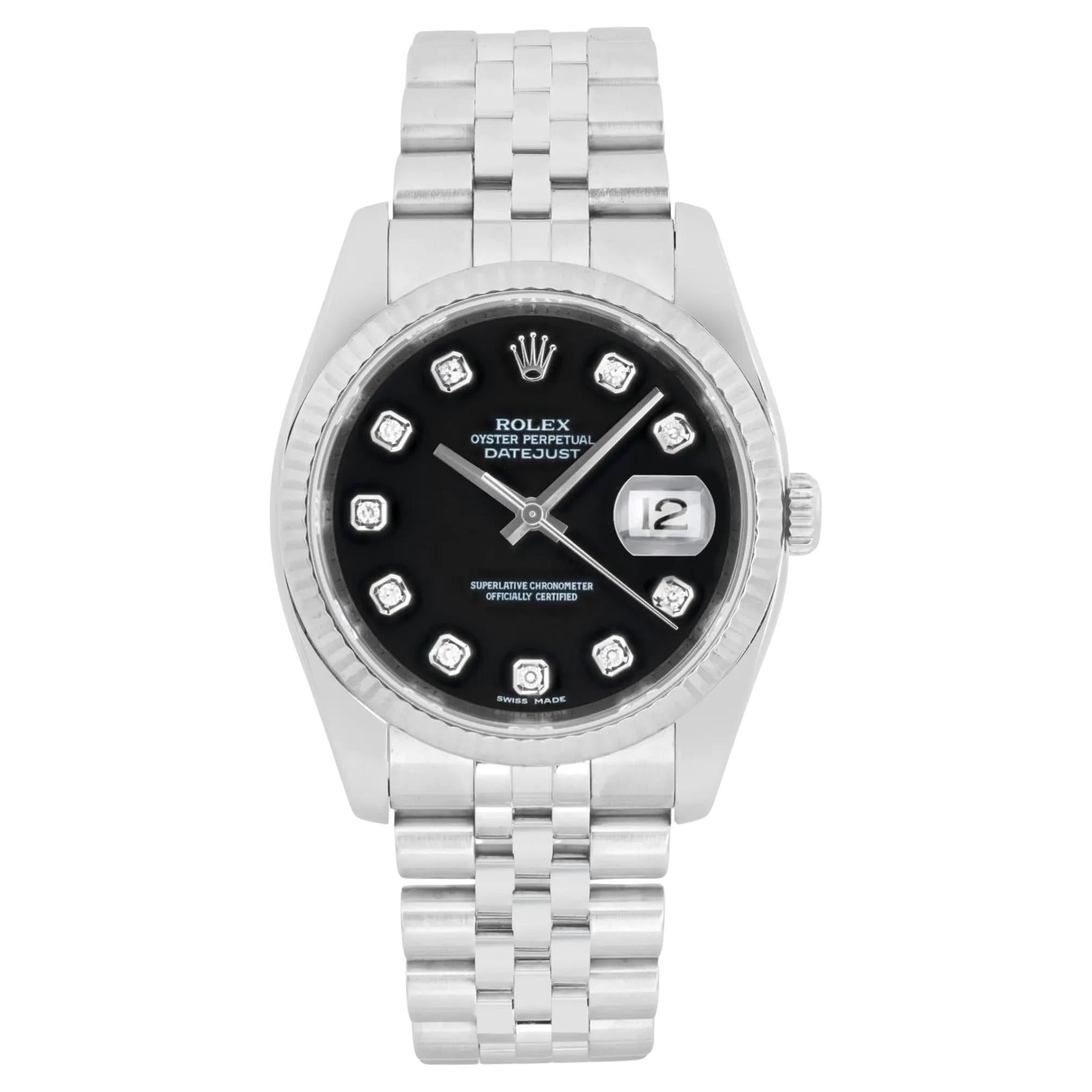 Rolex Datejust 18K White Gold Steel Black Diamond Dial Watch 116234
