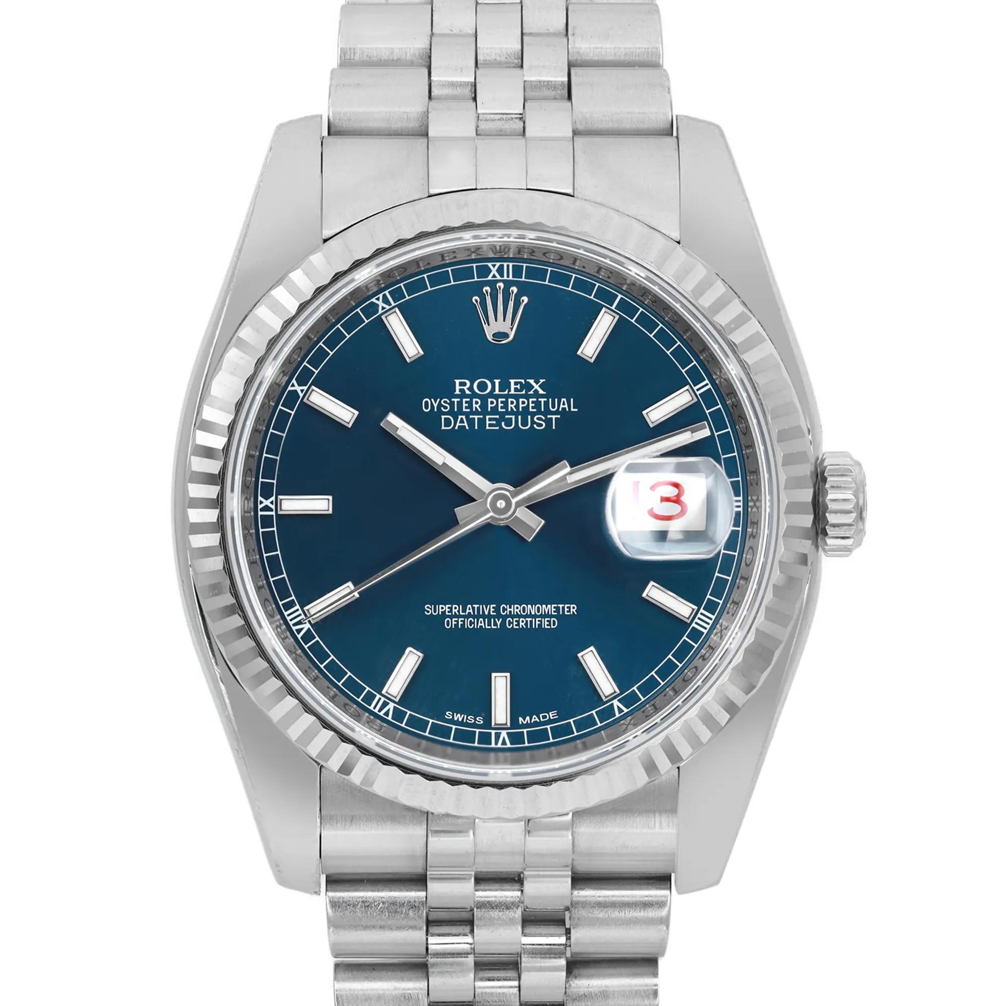 Pre-owned. excellent condition. Roulette Date Wheel. The watch is fully serviced and tested for water resistance, movement calibration, and time accuracy.

General Information:
Brand: Rolex
Model: Datejust
Model Number: 116234
Type: