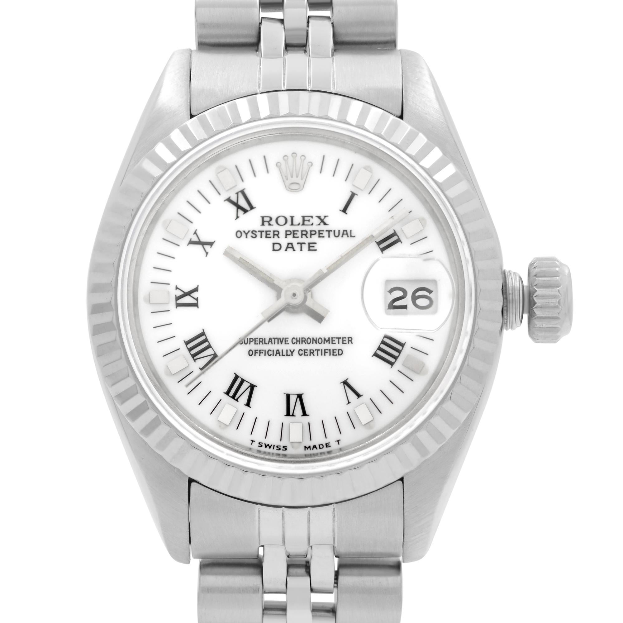 Pre-owned Rolex Datejust 18k White Gold Steel White Dial Automatic Ladies Watch. This watch was produced in 1982. The bracelet of this watch has an obvious slack and some links missing, fits 5.75 inches wrist. Manufacturers box and papers are not