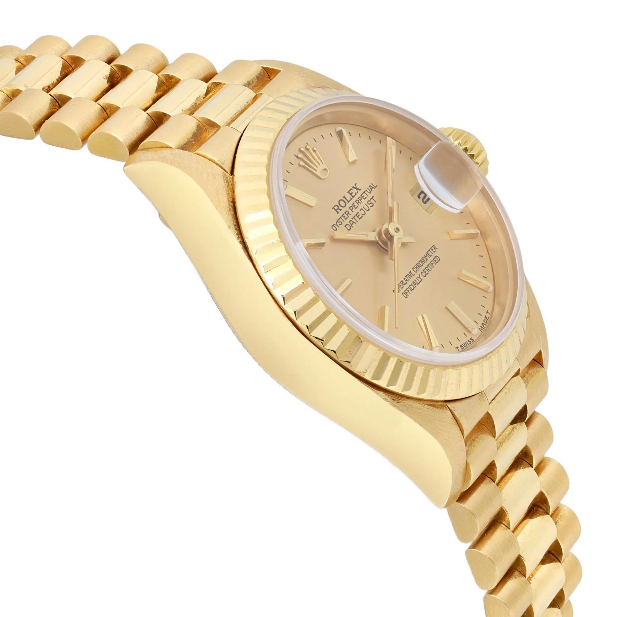 Women's Rolex Presidential Datejust 18K Yellow Gold Champagne Dial Automatic Watch 69178 For Sale