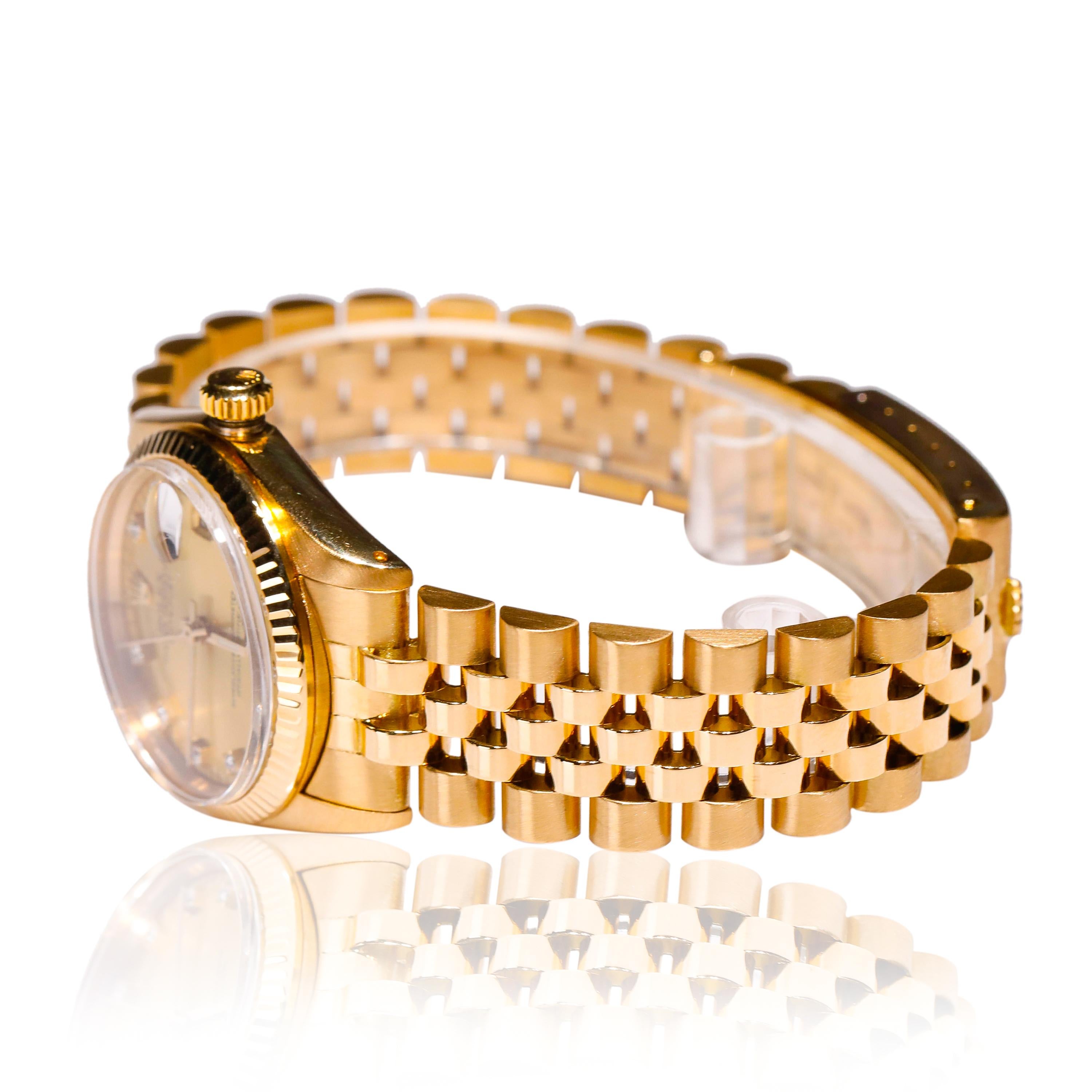 Rolex Datejust 18k Yellow Gold Champaign Diamond Dial Jubilee Bracelet Watch

SKU: WA00036

PRIMARY DETAILS
Brand:  Rolex
Model: ROLEX 18k YELLOW GOLD DATEJUST
Country of Origin: Switzerland
Movement Type: Automatic
Year of Manufacture: