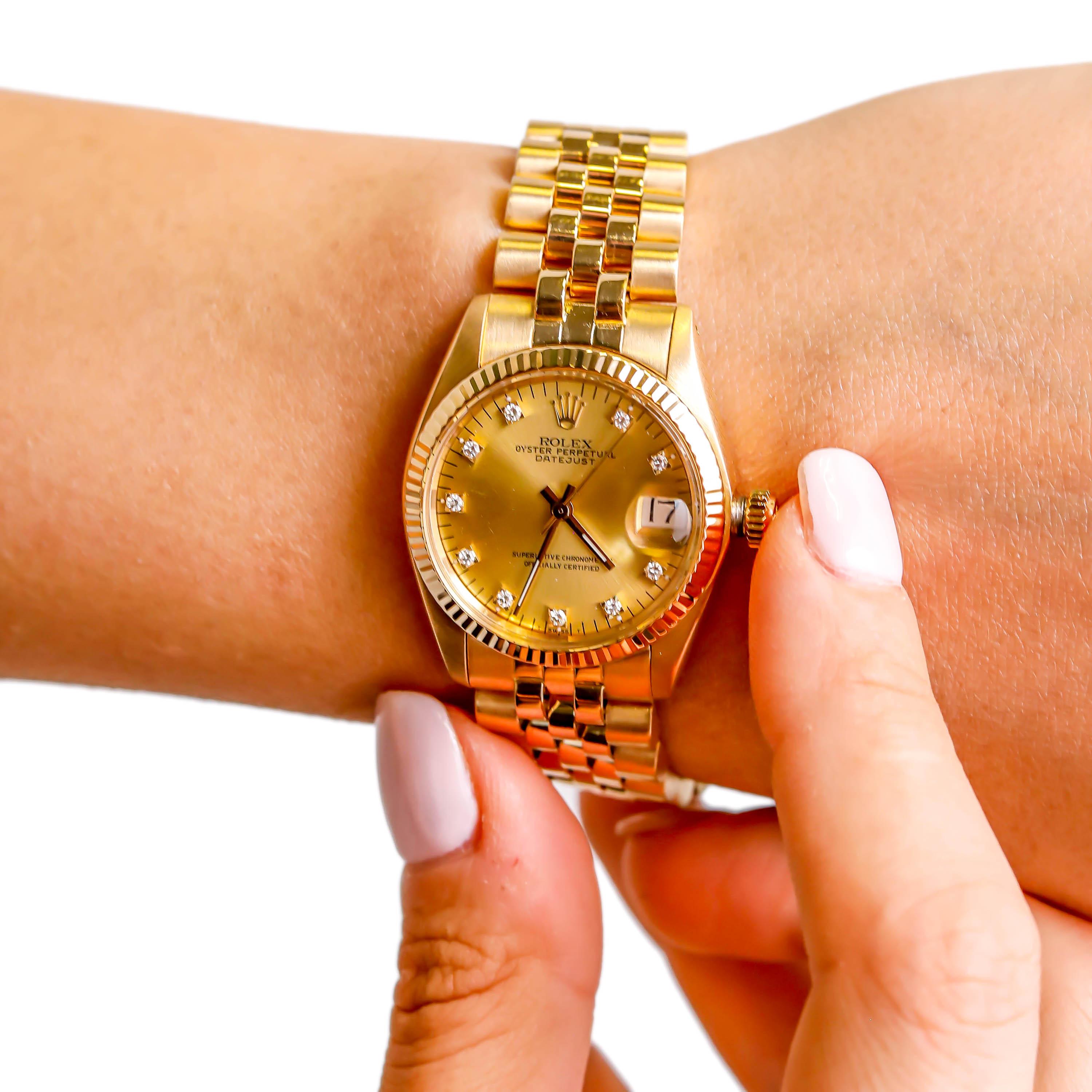 Modern Rolex Datejust 18 Karat Gold Champaign Diamond Dial Jubilee Bracelet Watch For Sale