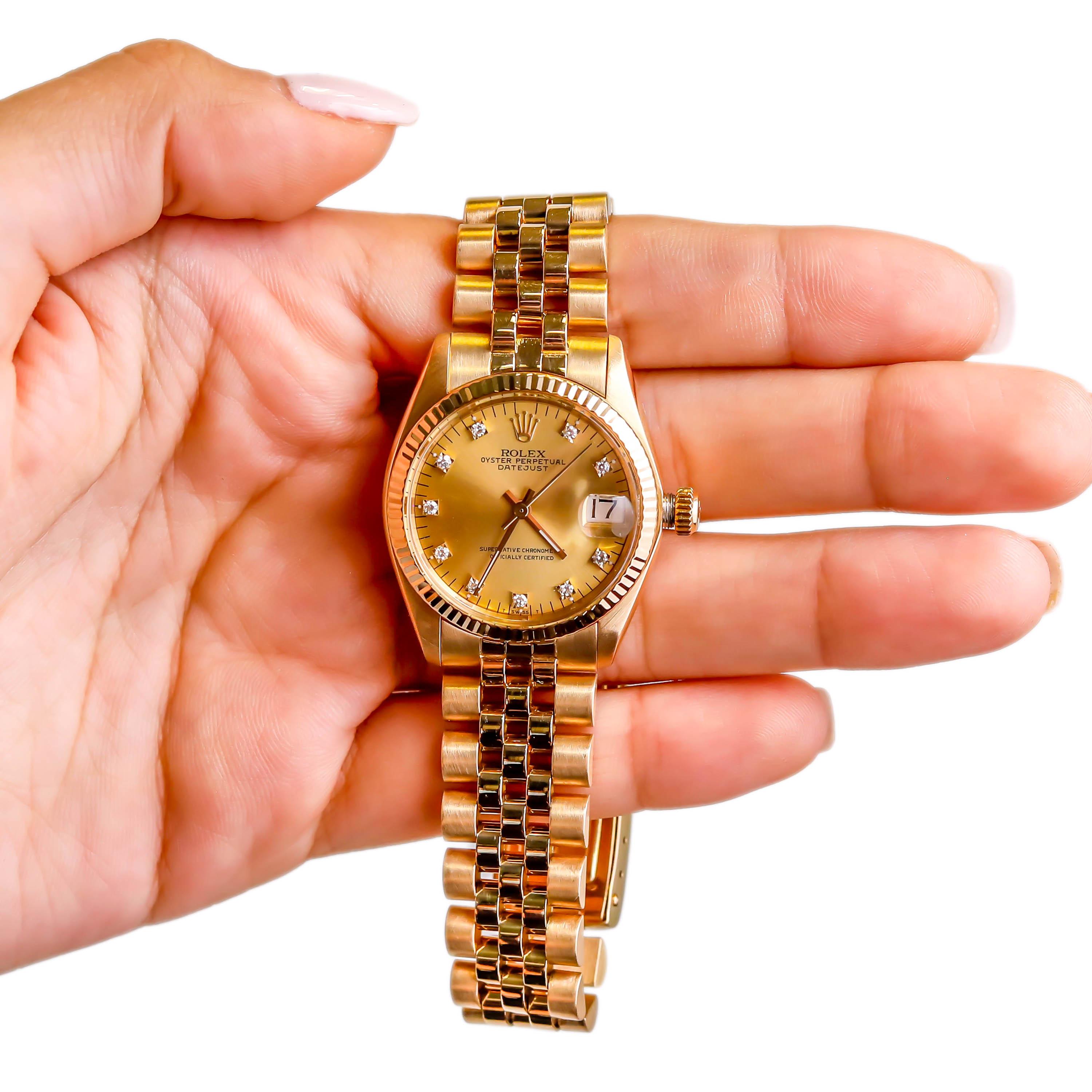 Rolex Datejust 18 Karat Gold Champaign Diamond Dial Jubilee Bracelet Watch In Excellent Condition For Sale In New York, NY