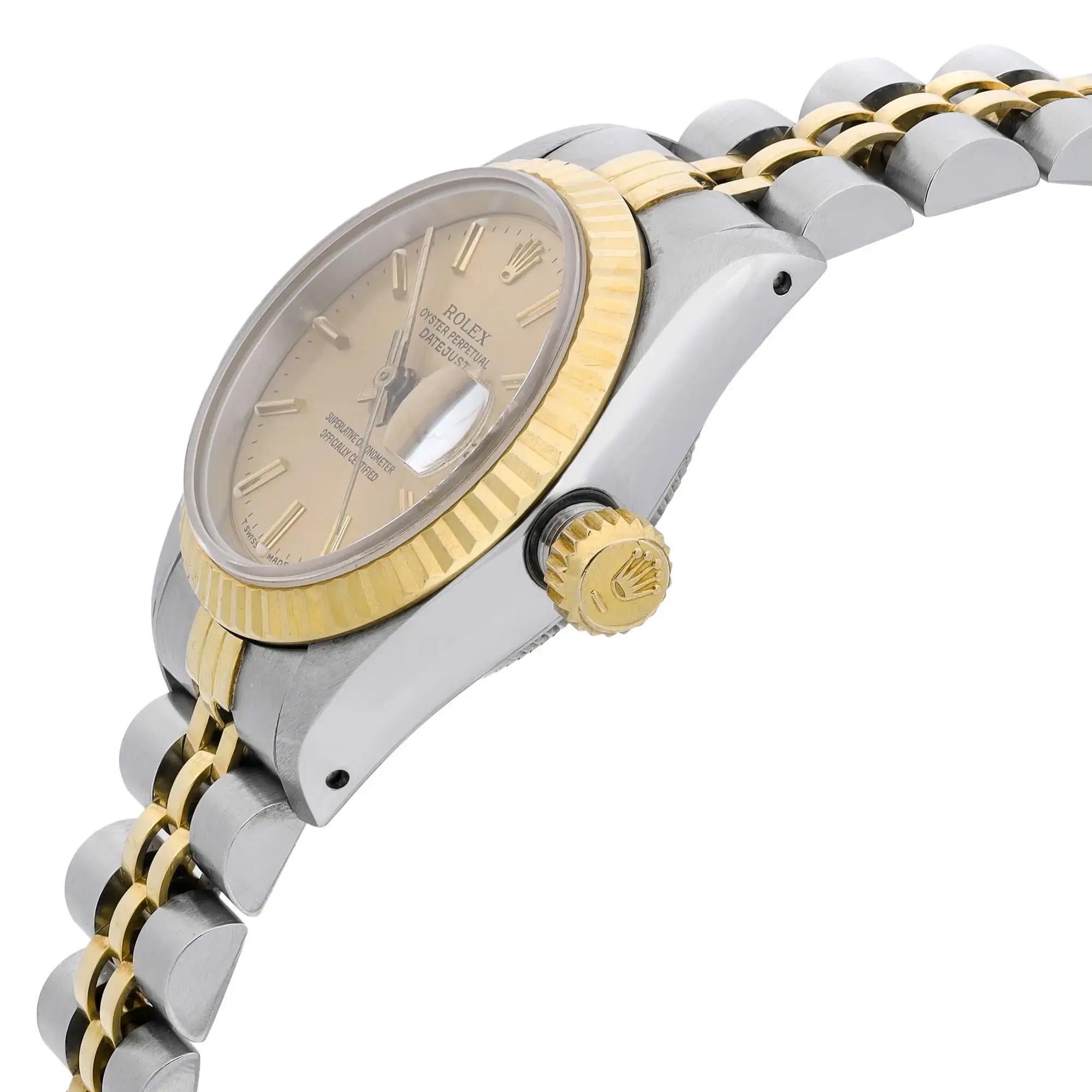 Rolex Datejust 18k Yellow Gold Holes Case Champagne Dial Ladies Watch 69173 In Good Condition For Sale In New York, NY