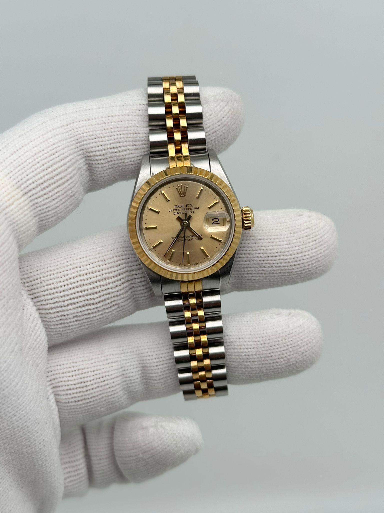 Women's Rolex Datejust 18k Yellow Gold Holes Case Champagne Dial Ladies Watch 69173 For Sale
