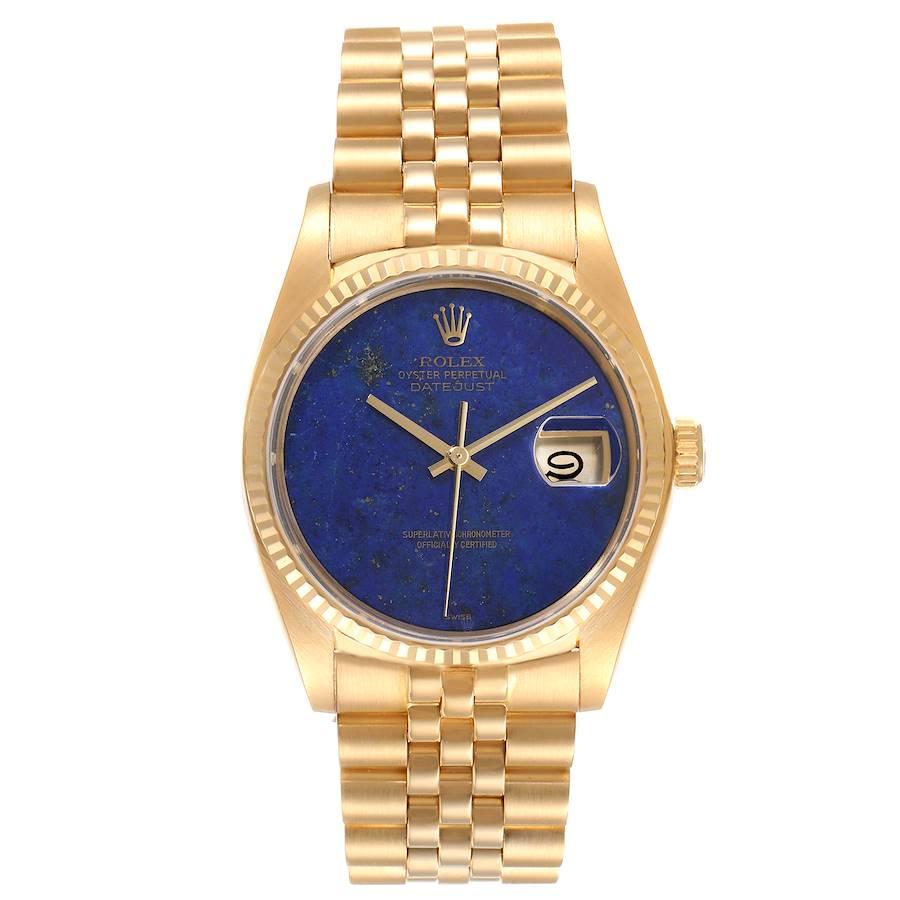 Rolex Datejust 18k Yellow Gold Lapis Lazuli Dial Vintage Mens Watch 16018. Officially certified chronometer self-winding movement. 18k yellow gold case 36.0 mm in diameter. Rolex logo on a crown. 18k yellow gold fluted bezel. Scratch resistant