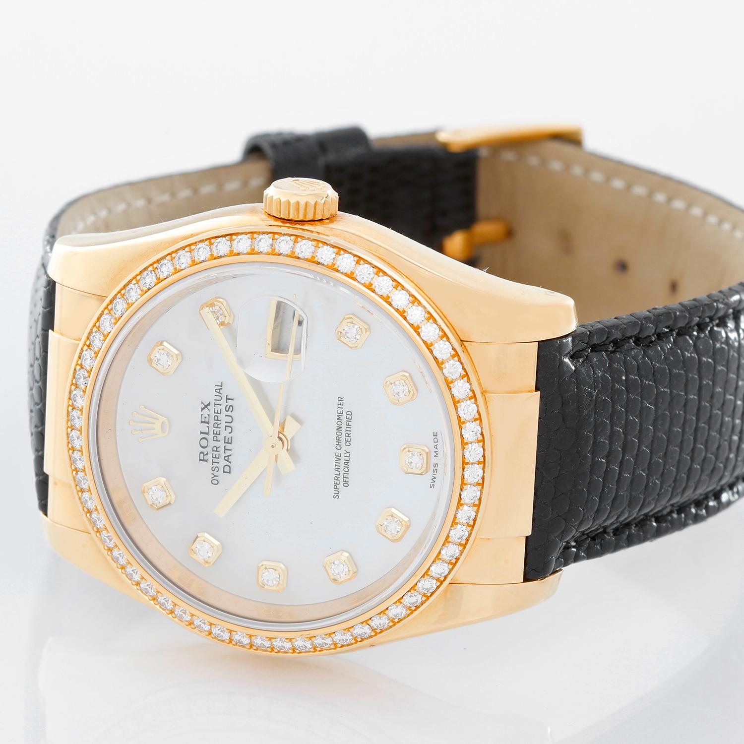 Rolex Datejust 18k Yellow Gold Men's Watch on Leather Strap Band 116188 - Automatic winding, 31 jewels, Quickset, sapphire crystal. 18k yellow gold case with  custom diamond bezel (36mm diameter). Factory Mother of pearl dial with diamond hour