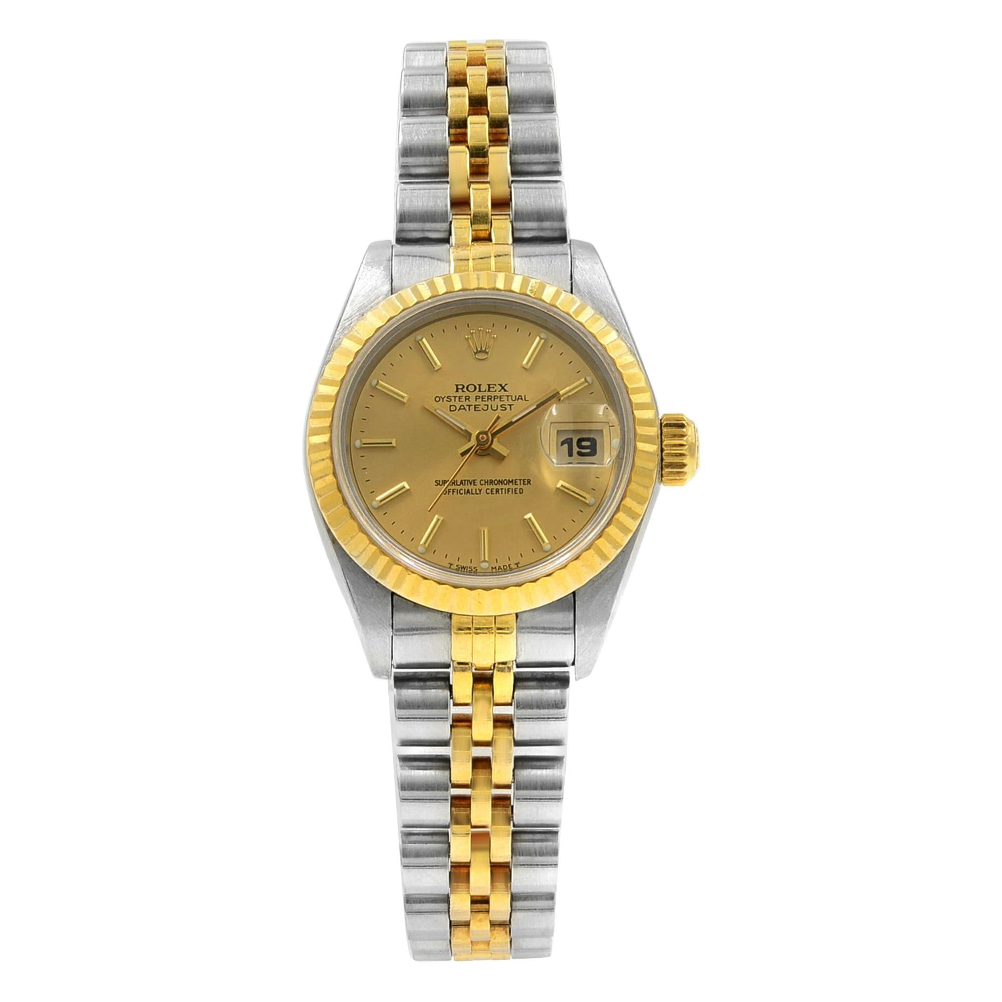 Rolex Datejust 18k Yellow Gold No Holes Case Champagne Dial Ladies Watch 69173