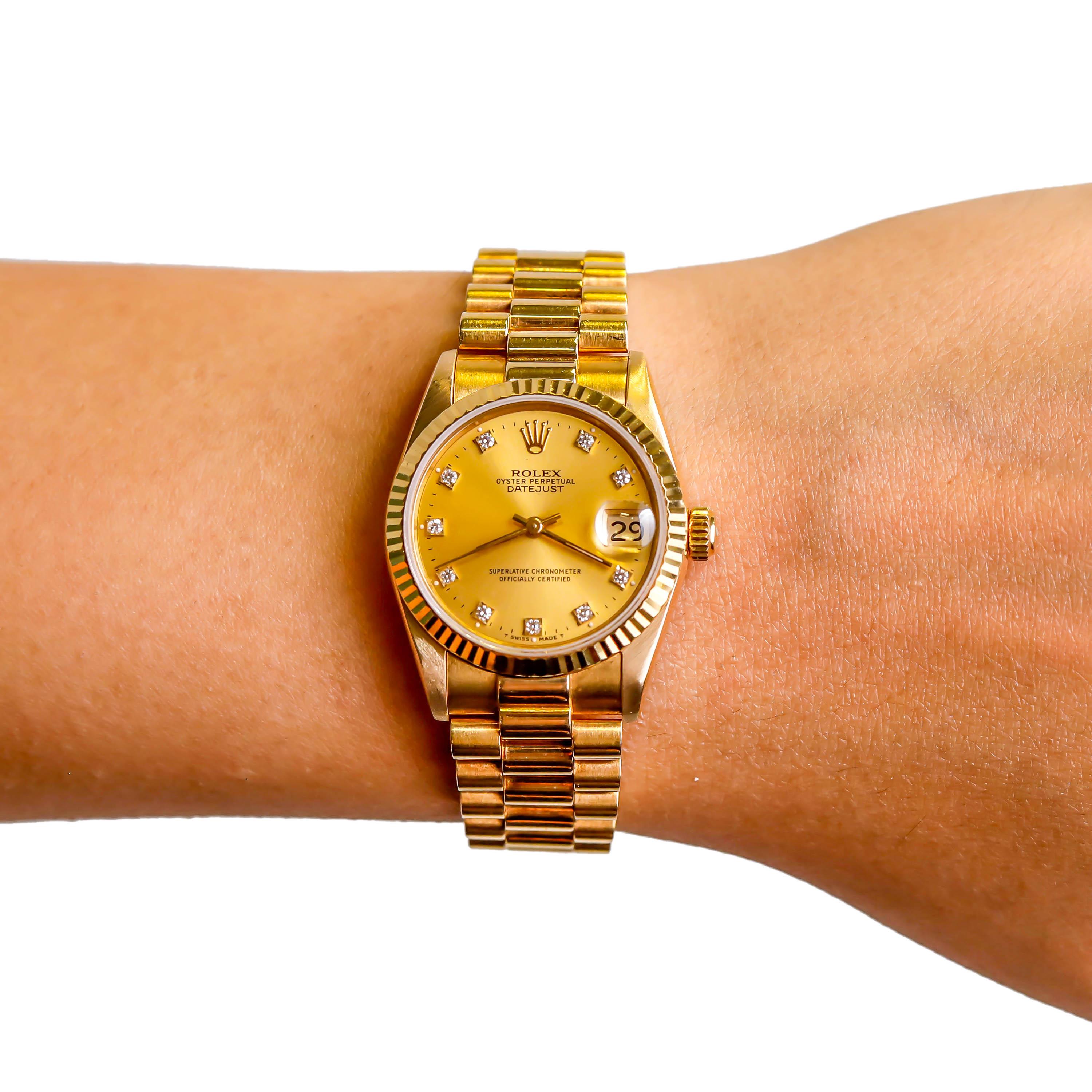 Modern Rolex Datejust 18 Karat Yellow Gold Original Champaign Automatic Dial Watch 19s For Sale