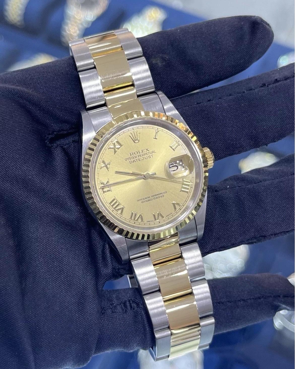 Rolex Datejust 18k Yellow Gold & Steel Champagne Dial 36mm Oyster Watch Full Set For Sale 7