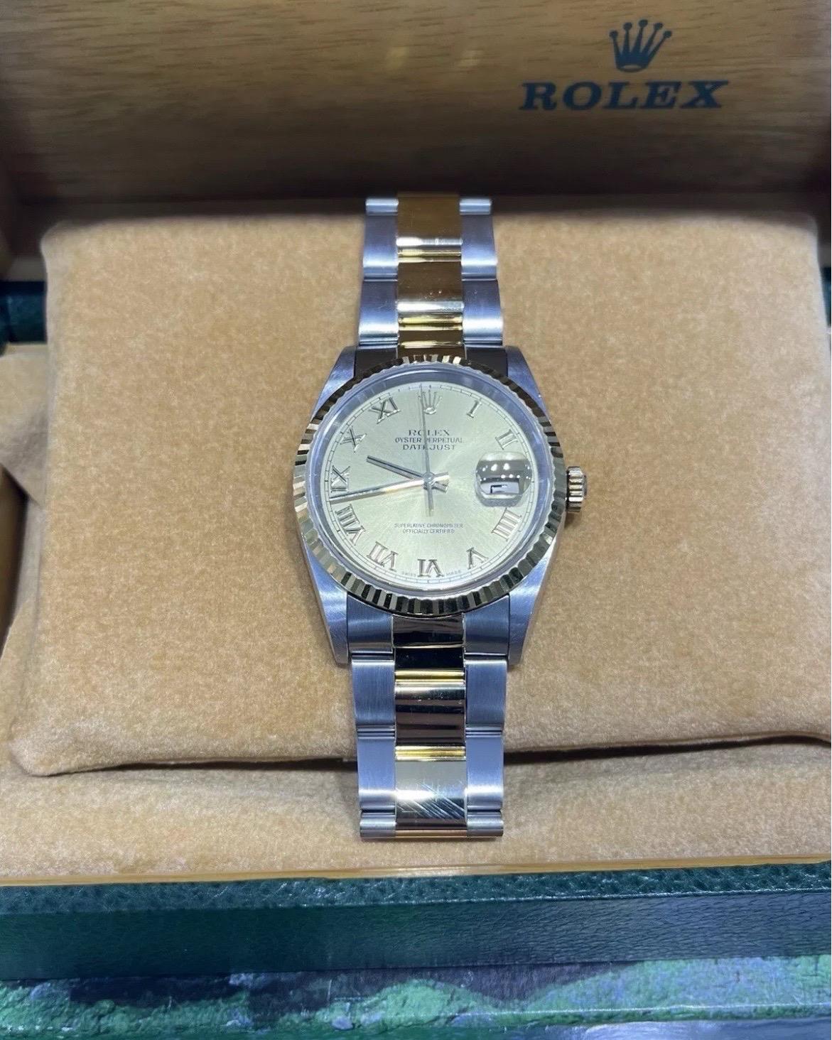 Rolex Datejust 18k Yellow Gold & Steel Champagne Dial 36mm Oyster Watch Full Set In Good Condition For Sale In Boca Raton, FL
