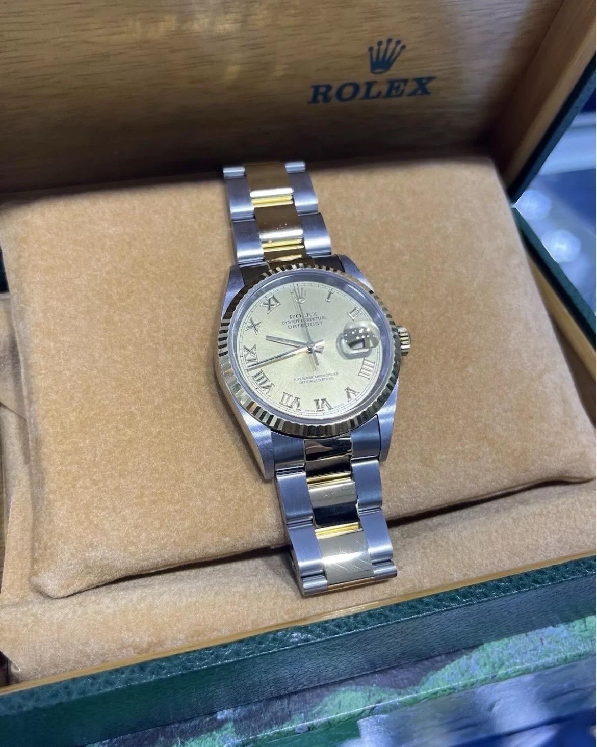 Rolex Datejust 18k Yellow Gold & Steel Champagne Dial 36mm Oyster Watch Full Set For Sale 1