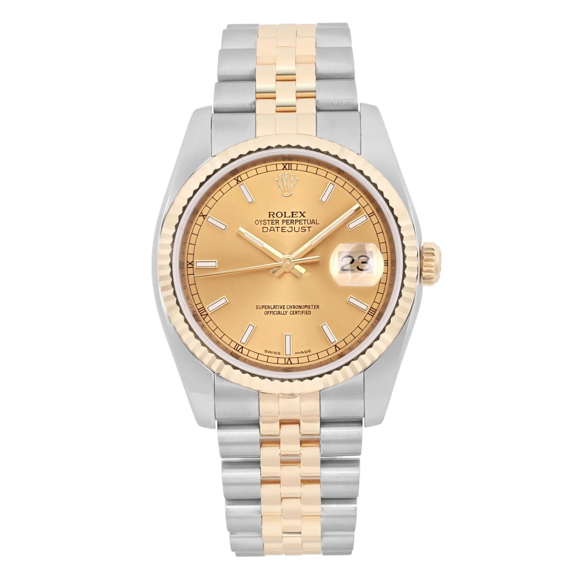 Rolex Datejust 18K Yellow Gold Steel Champagne Dial Automatic Men Watch 116233