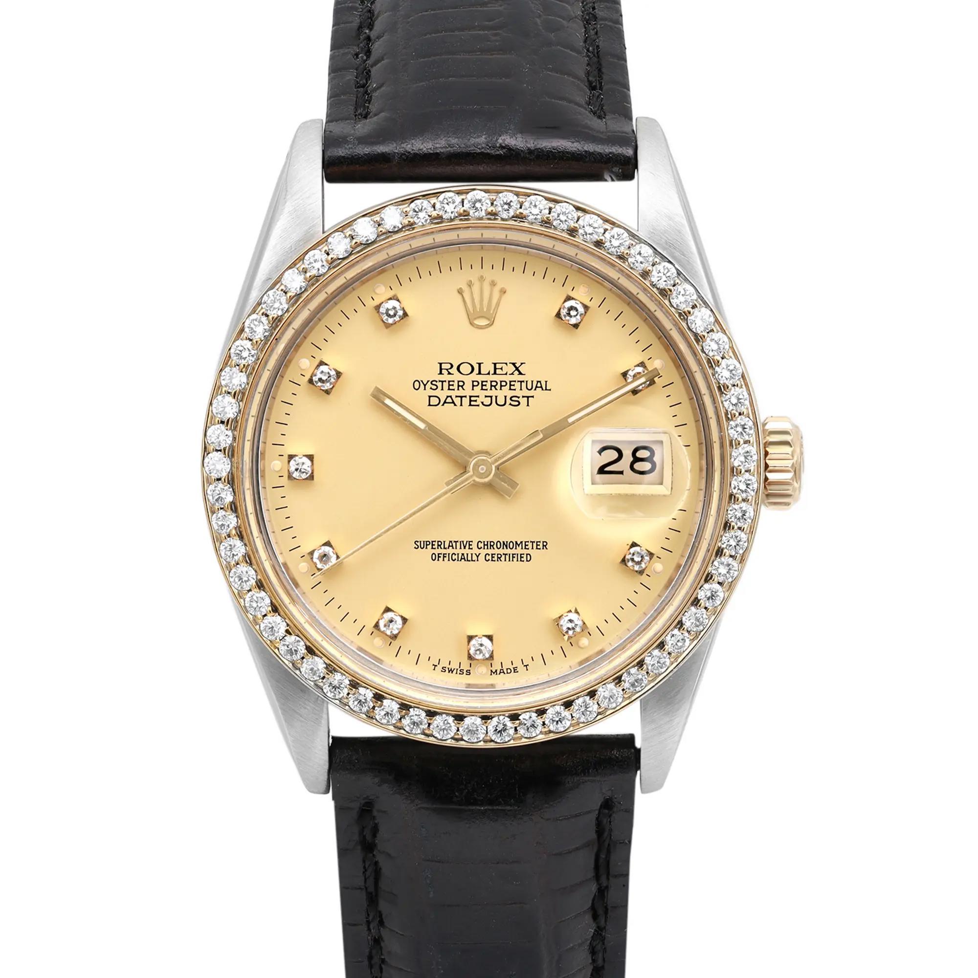 Pre-owned in good condition. Custom diamond bezel and band/buckle. 