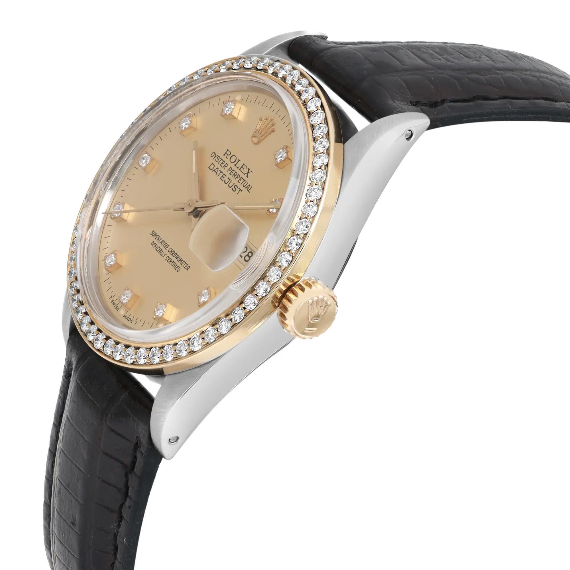Rolex Datejust 18K Yellow Gold Steel Custom Champagne Diamond Dial Watch 16013 In Good Condition For Sale In New York, NY