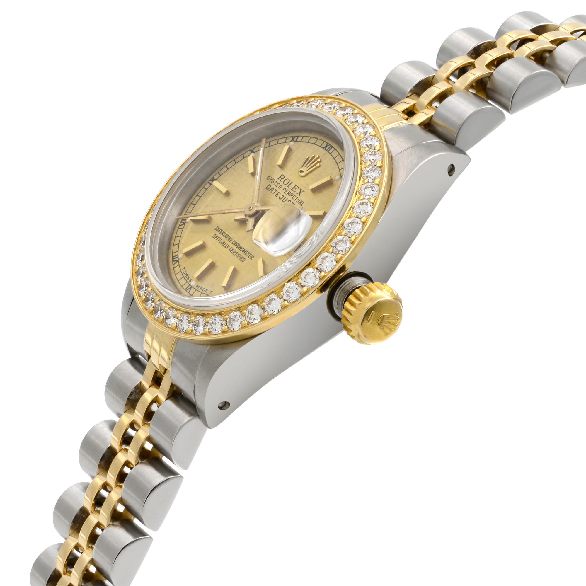 Rolex Datejust 18 Karat Yellow Gold Steel Custom Diamonds Satin Dial Watch 69173 In Good Condition In New York, NY