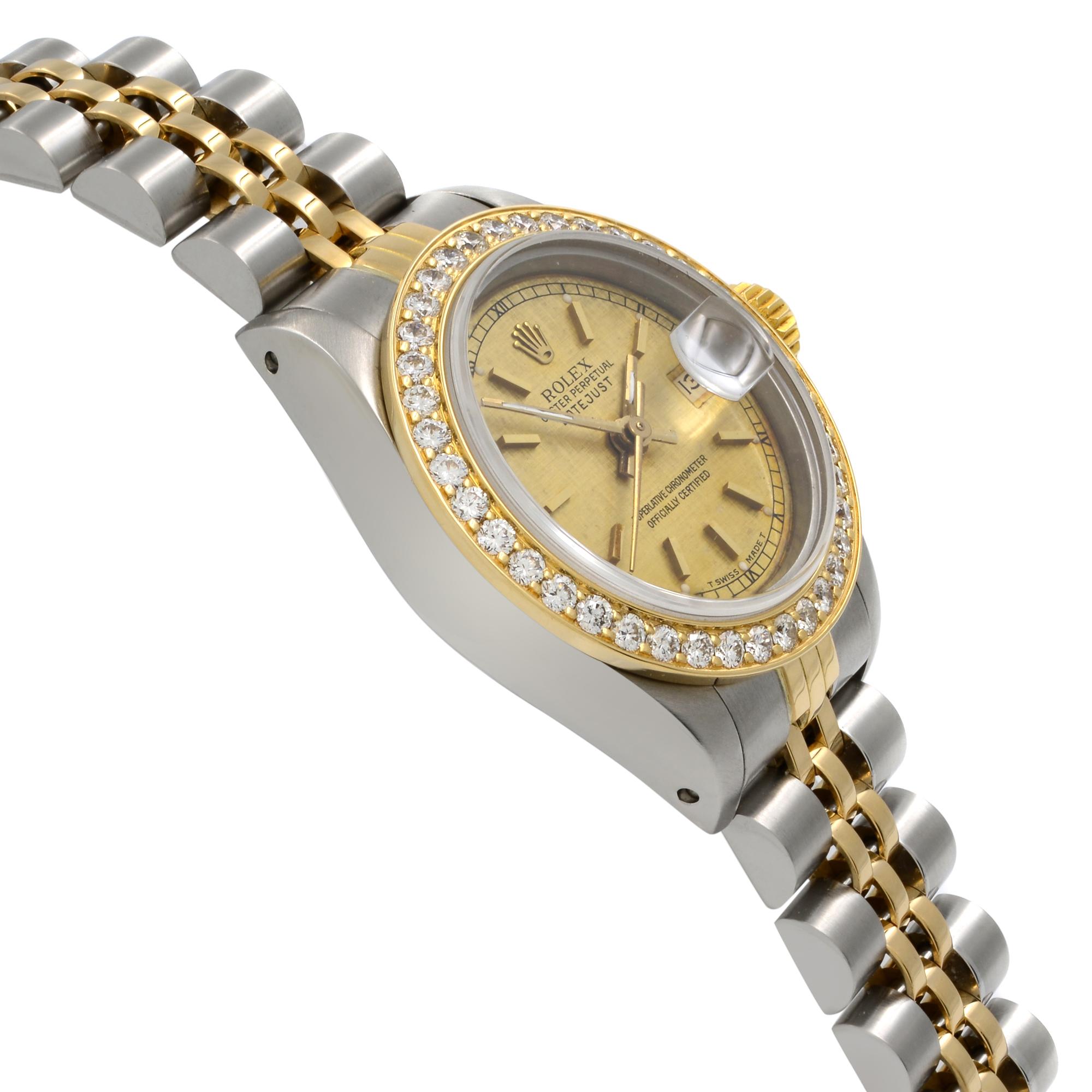 Women's Rolex Datejust 18 Karat Yellow Gold Steel Custom Diamonds Satin Dial Watch 69173