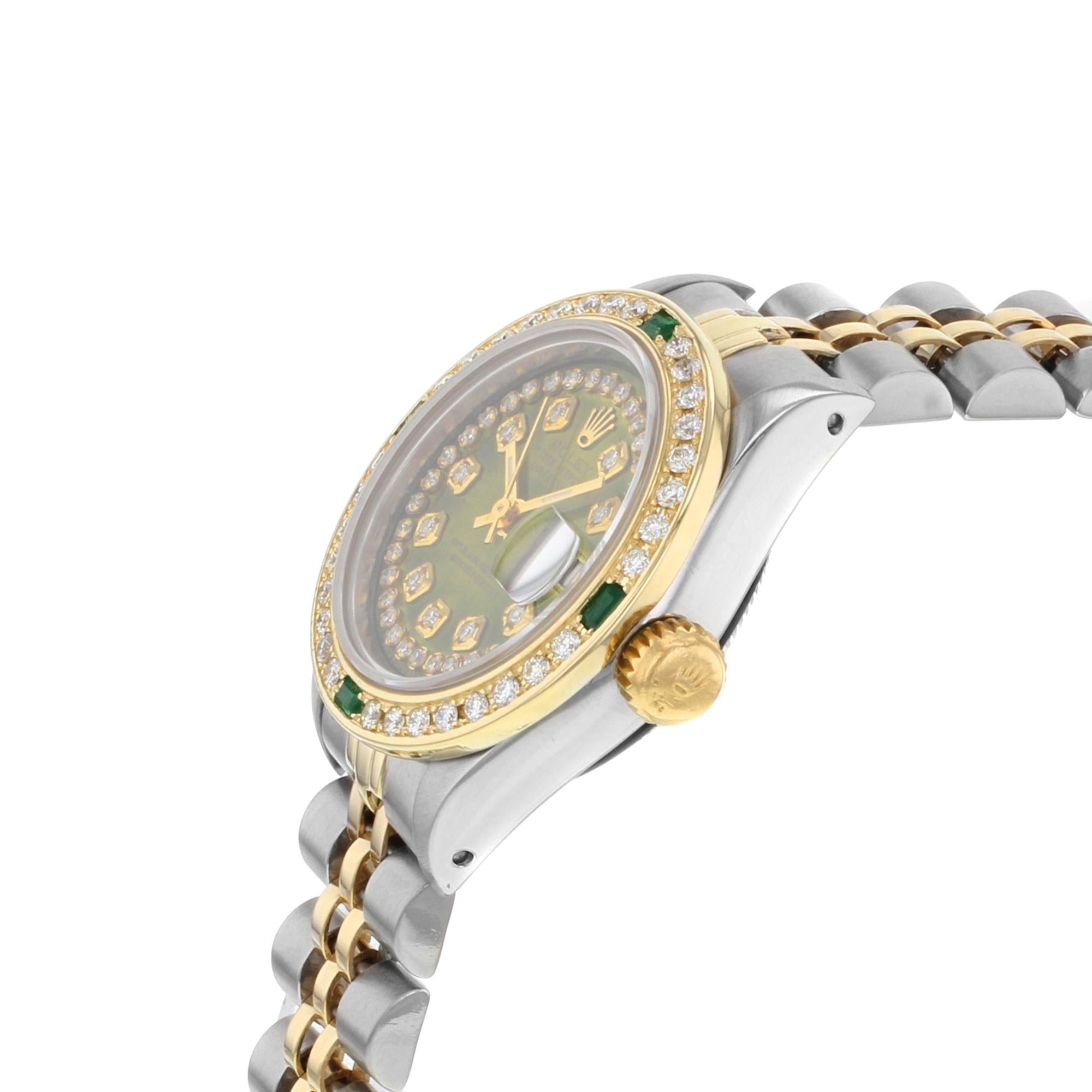 Pre-owned. Good condition. Custom Diamond dial and bezel. Comes with a chronostore box and seller warranty.

General Information:
Brand: Rolex
Model: Rolex Datejust
Model Number: 69173
Type: Wristwatch
Department: Women
Style: Casual
Vintage: