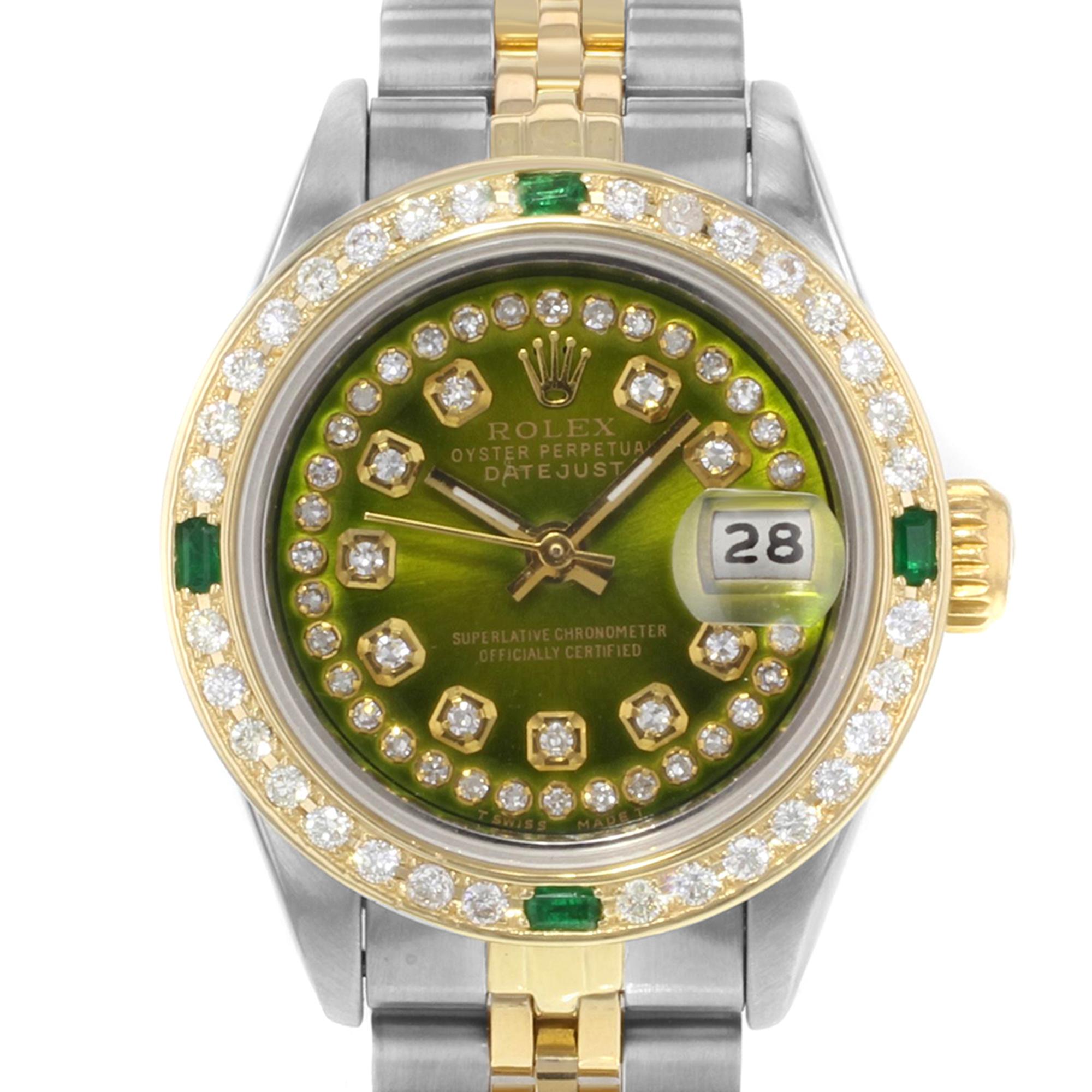 Rolex Datejust 18K Yellow Gold Steel Custom Olive Diamond Ladies Watch 69173 In Good Condition For Sale In New York, NY