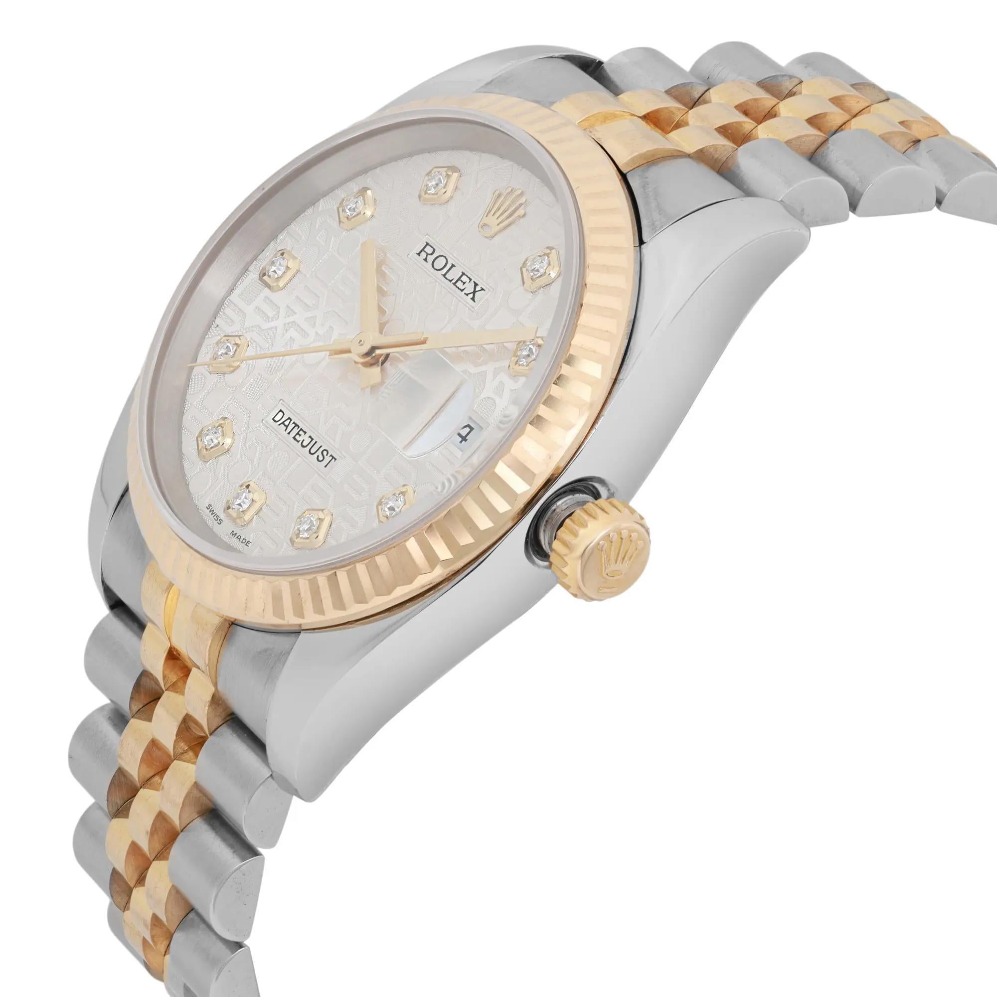 Rolex Datejust 18k Yellow Gold Steel Diamond Silver Jubilee Dial Watch 116233 en Excelente estado para la venta en New York, NY