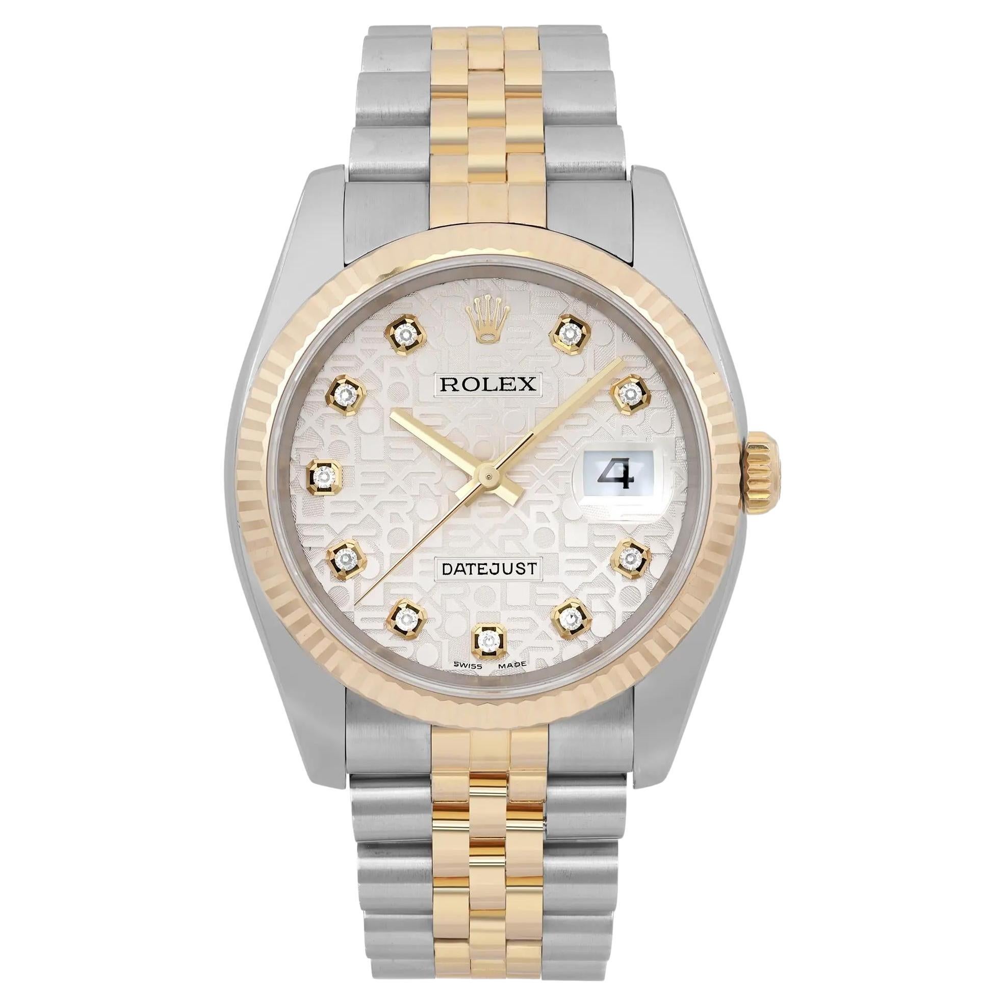 Rolex Datejust 18k Yellow Gold Steel Diamond Silver Jubilee Dial Watch 116233