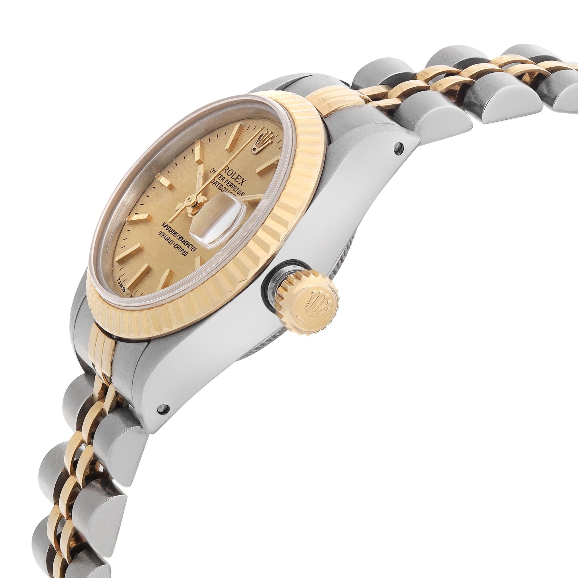 Rolex Datejust 18K Yellow Gold Steel Linen Champagne Dial Ladies Watch 69173 In Good Condition In New York, NY