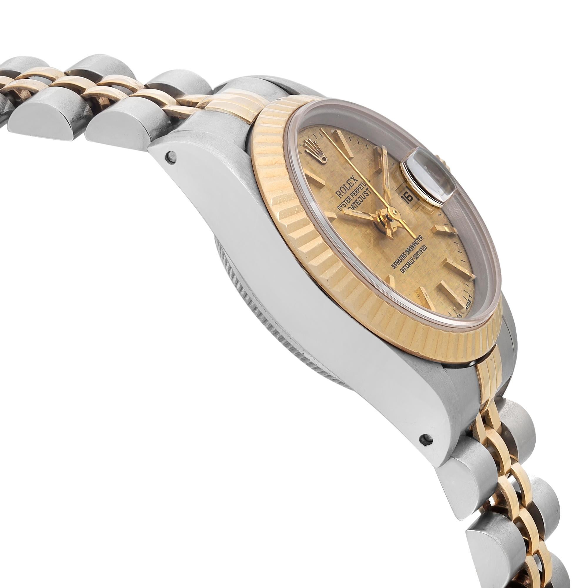 Women's Rolex Datejust 18K Yellow Gold Steel Linen Champagne Dial Ladies Watch 69173
