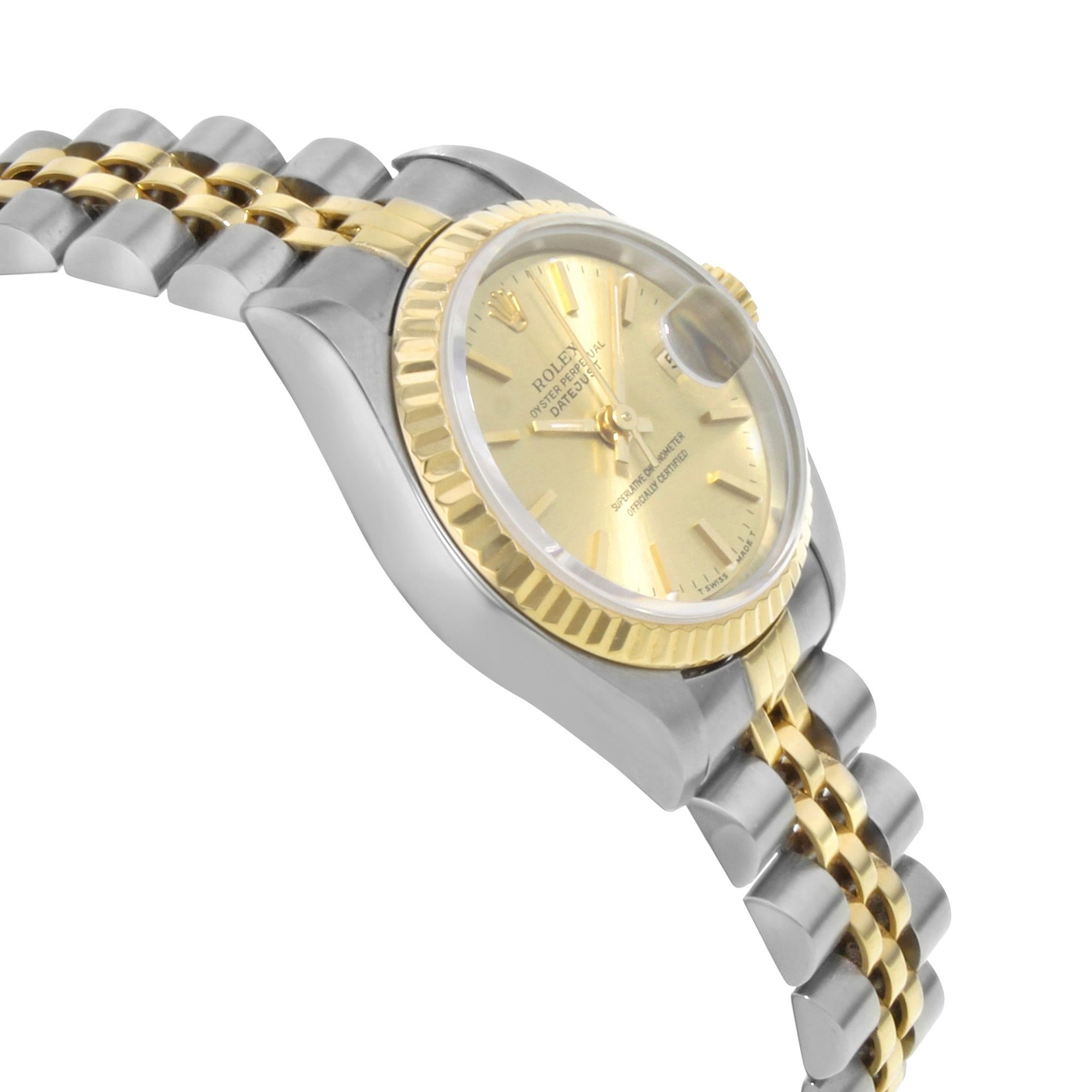 Rolex Datejust 18k Yellow Gold Steel No Holes Champagne Dial Ladies Watch 69173 In Good Condition In New York, NY