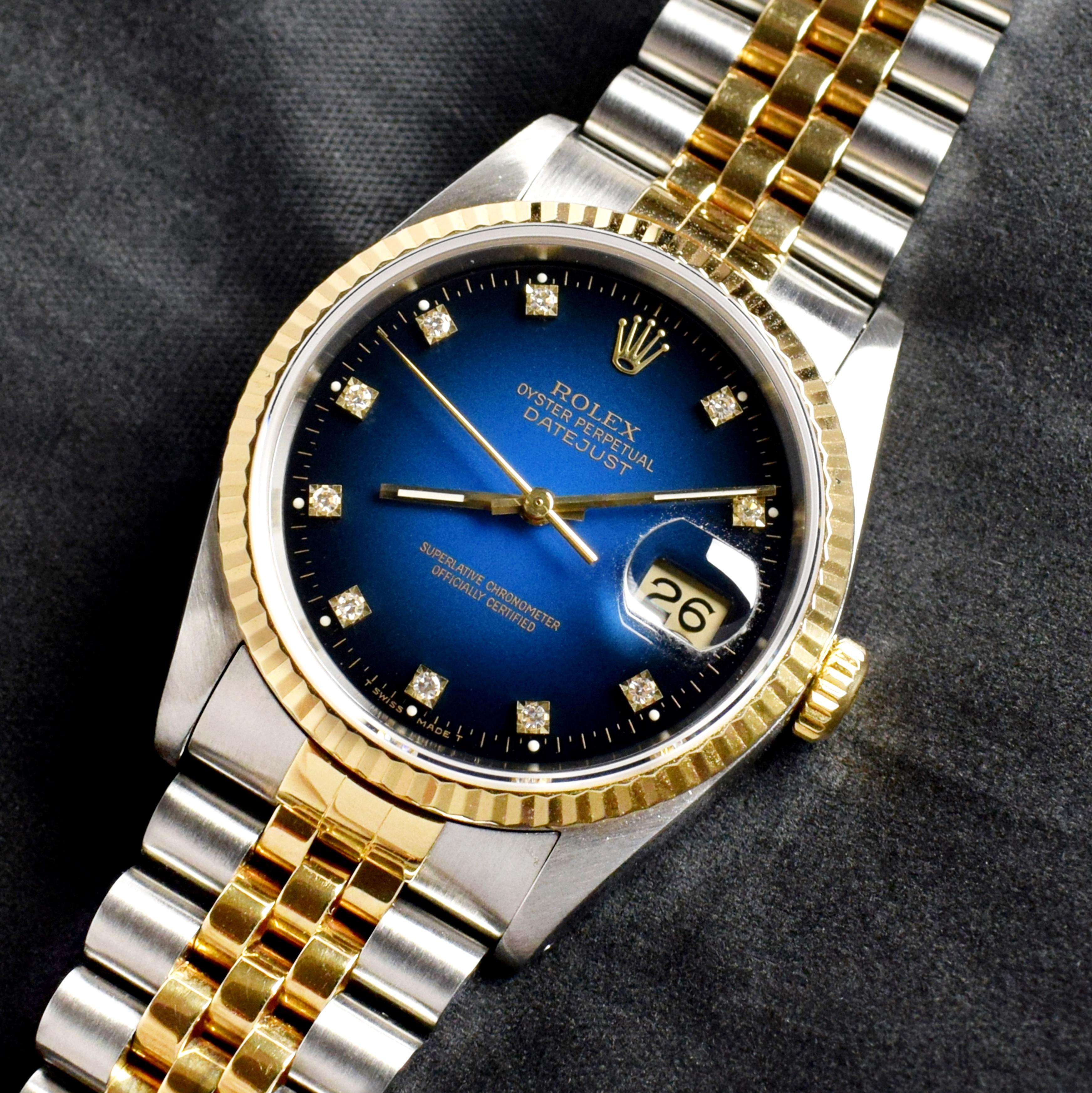 Brand: Vintage Rolex
Model: 16233
Year: 1990
Serial number: E3xxxxx
Reference: C03708
Case: 36mm without crown; Show sign of wear with slight polish from previous; inner case back stamped 16200
Dial: Excellent Condition vignette ombre blue dial w/