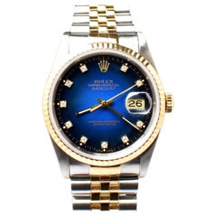 Rolex Datejust 18K Yellow Gold Steel Vignette Ombre Blue Dial 16233 Watch 1990