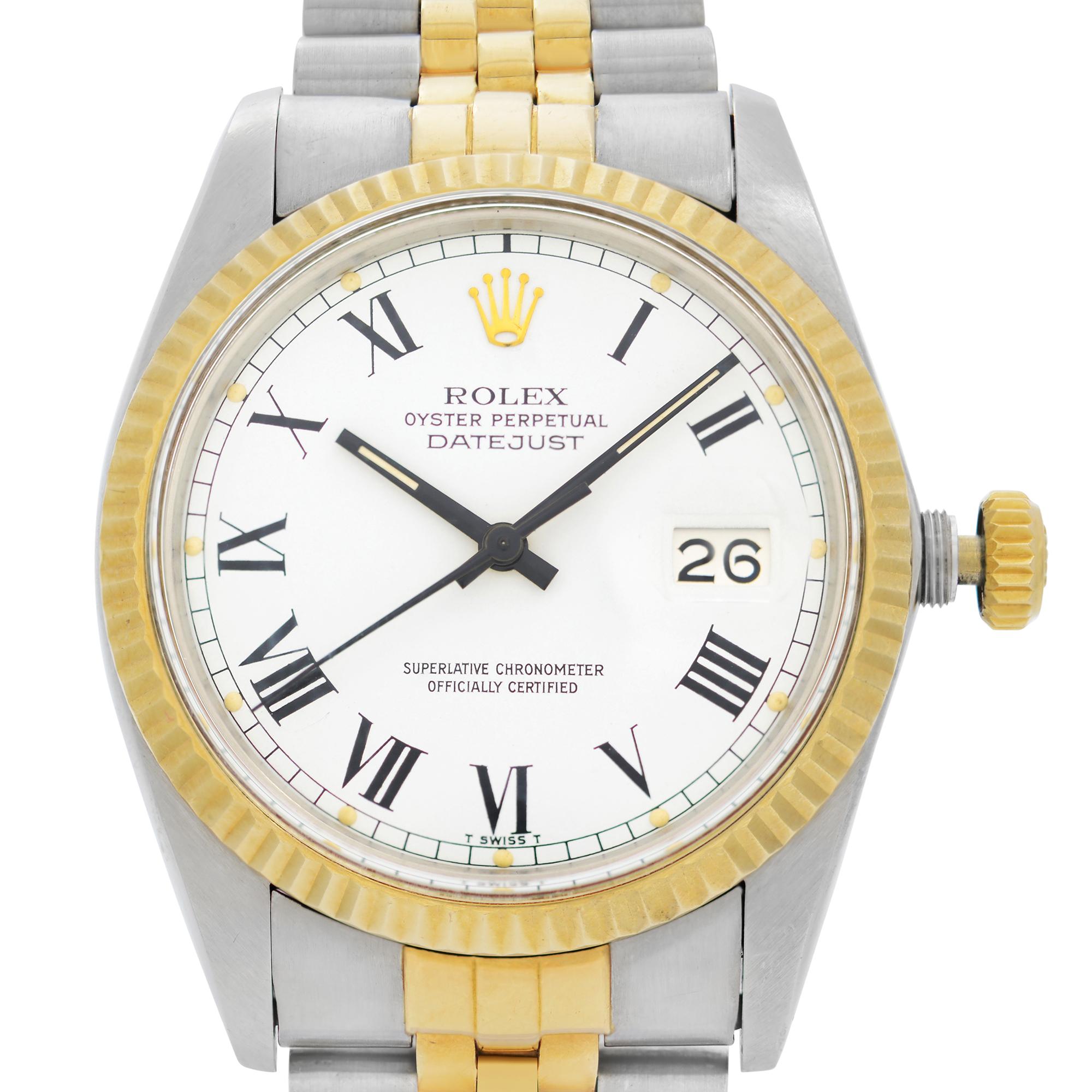 Pre-owned Rolex Datejust 18k Yellow Gold Steel White Dial Automatic Men's Watch. The Watch Was Produced in 1980. Rare Combination of white dial and Black roman numerals.This Beautiful Timepiece Features: Stainless Steel Case with an 18k Yellow Gold