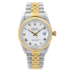 Retro Rolex Datejust 18k Yellow Gold Steel White Roman Dial Mens Watch 16233