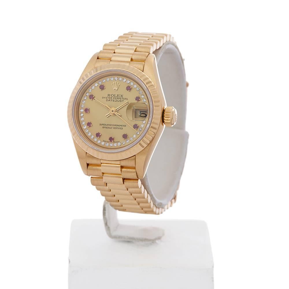 Ref: W4074
Manufacturer: Rolex
Model: Datejust
Model Ref: 69178
Age: 8th September 1986
Gender: Women's
Box and Papers: Box & Guarantee
Dial: Champagne With Diamonds Pave And Ruby Markers
Glass: Sapphire Crystal
Movement: Automatic
Water Resistance: