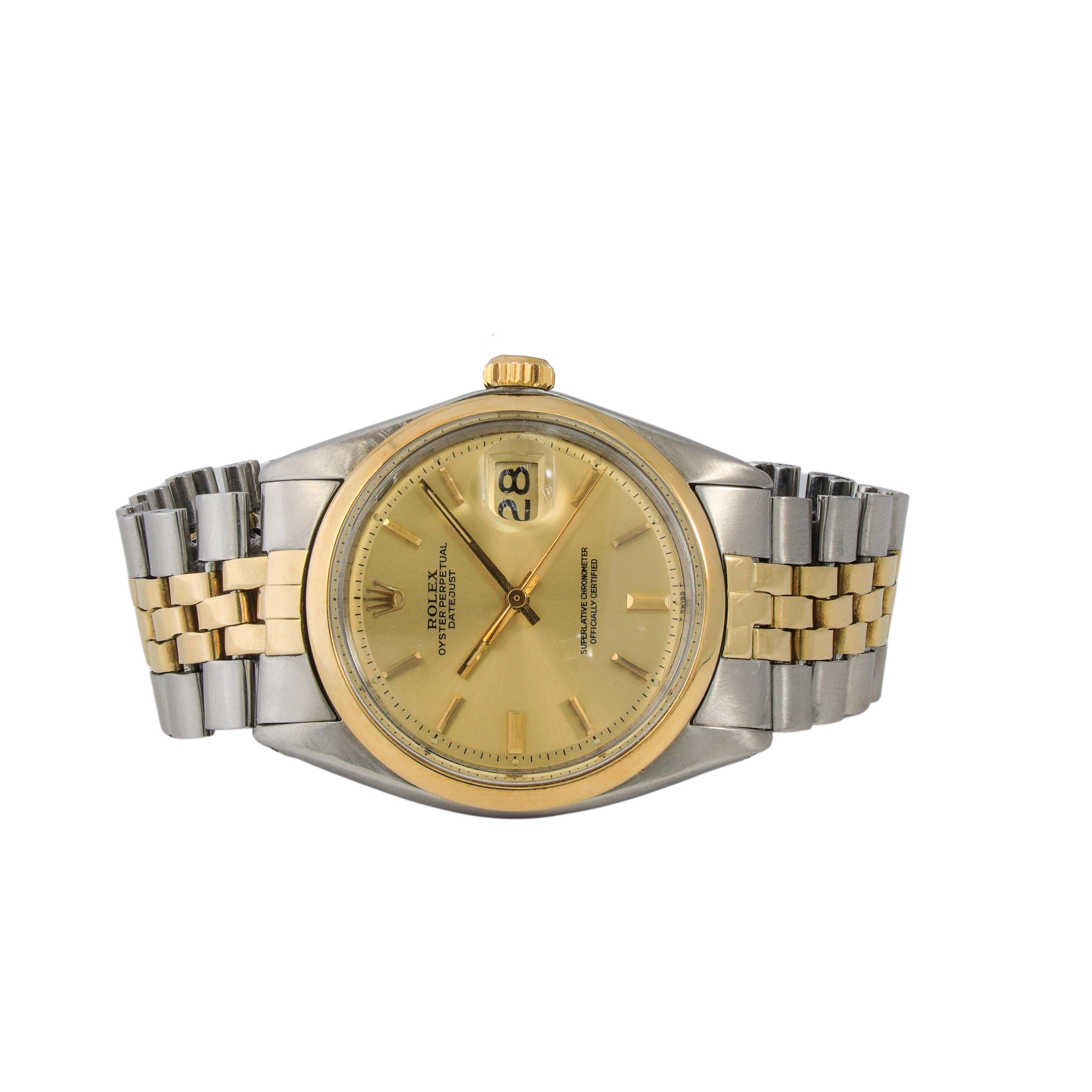 Mens Rolex- Datejust 
Date: 1972
36 mm 
Preowned 
Reference: 1600
18kt yellow and stainless steel
