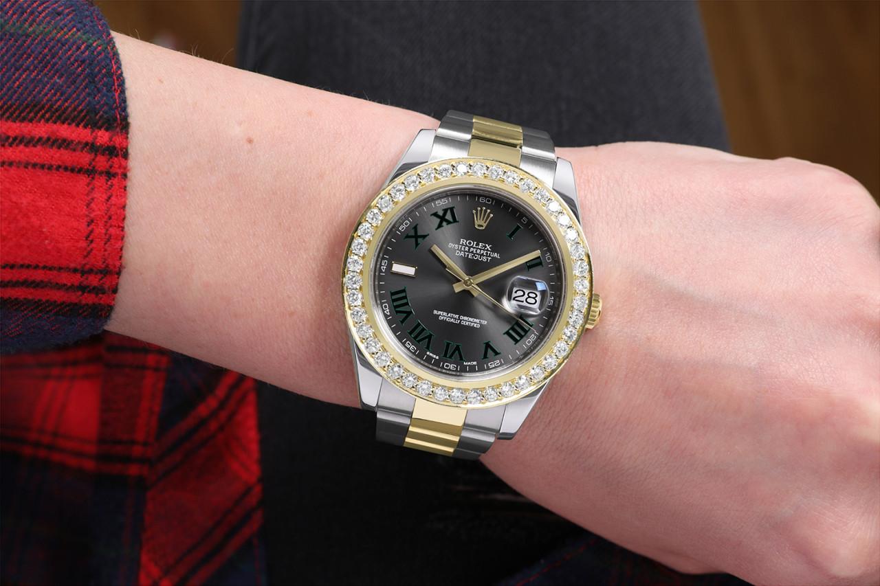 Round Cut Rolex Datejust 2 Two Tone Oyster Watch with Wimbledon Grey and Green Dial 116333 For Sale