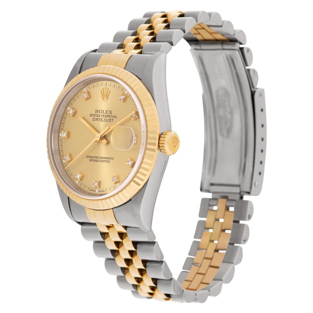 Rolex Datejust in 18k & stainless steel with factory original diamond dial. Auto w/ sweep seconds and date. 36 mm case size. Ref 16233. Circa 1998.  Fine Pre-owned Rolex Watch.

Certified preowned Classic Rolex Datejust 16233 watch is made out of